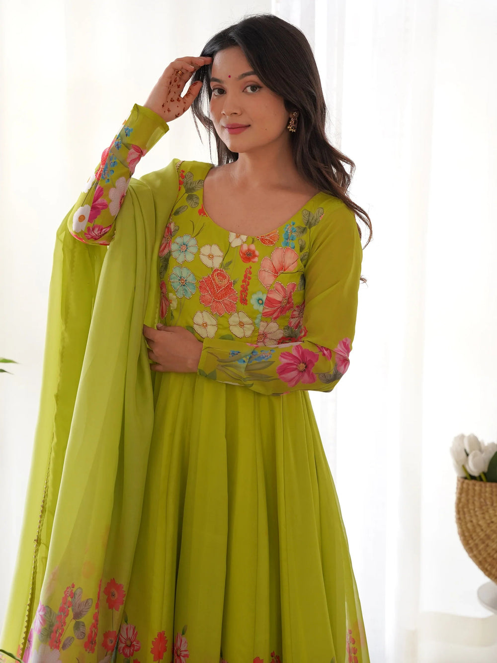Green Floral Printed Organza Festive Wear Anarkali Suit for Women