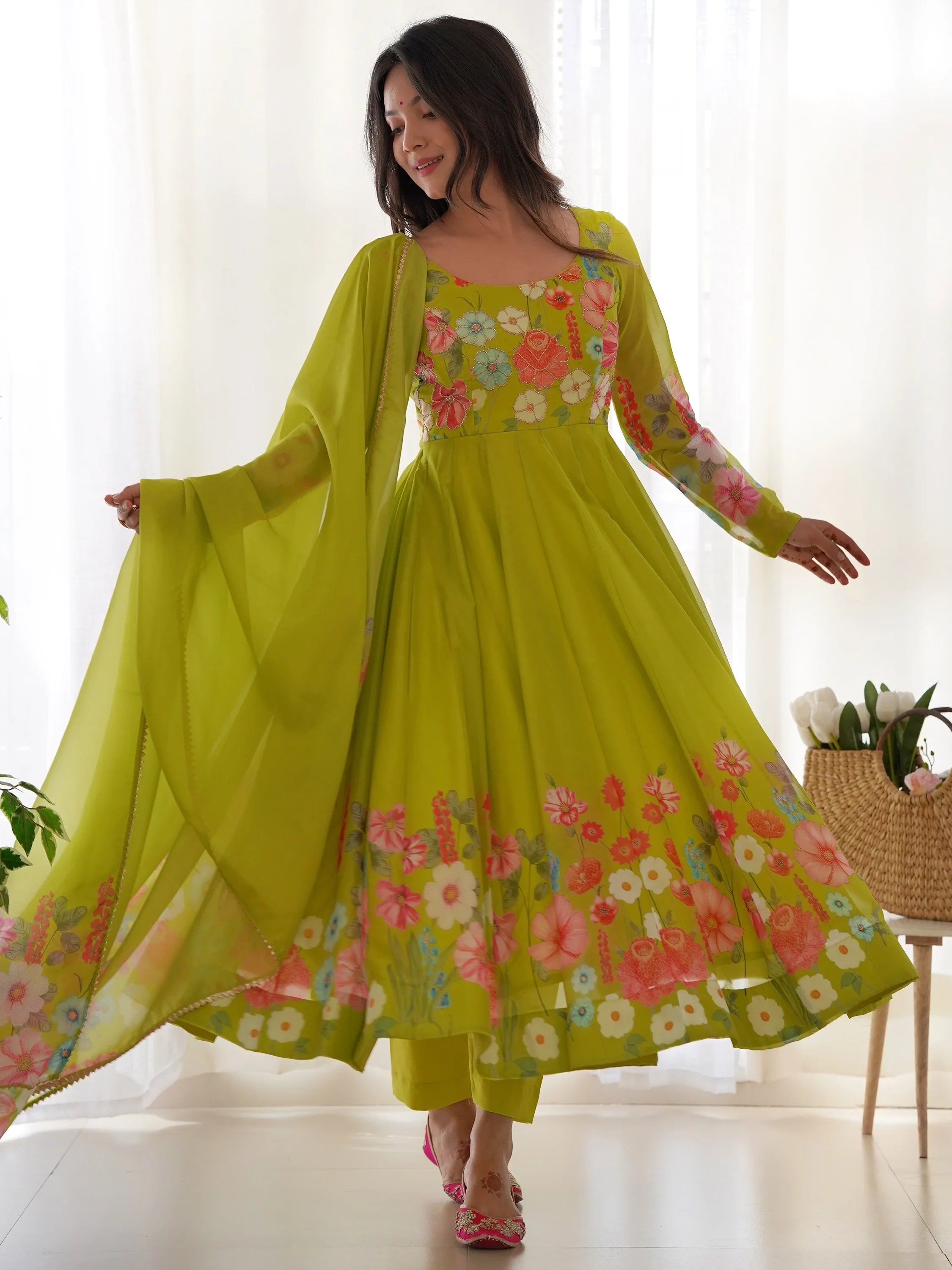 Green Floral Printed Organza Festive Wear Anarkali Suit for Women
