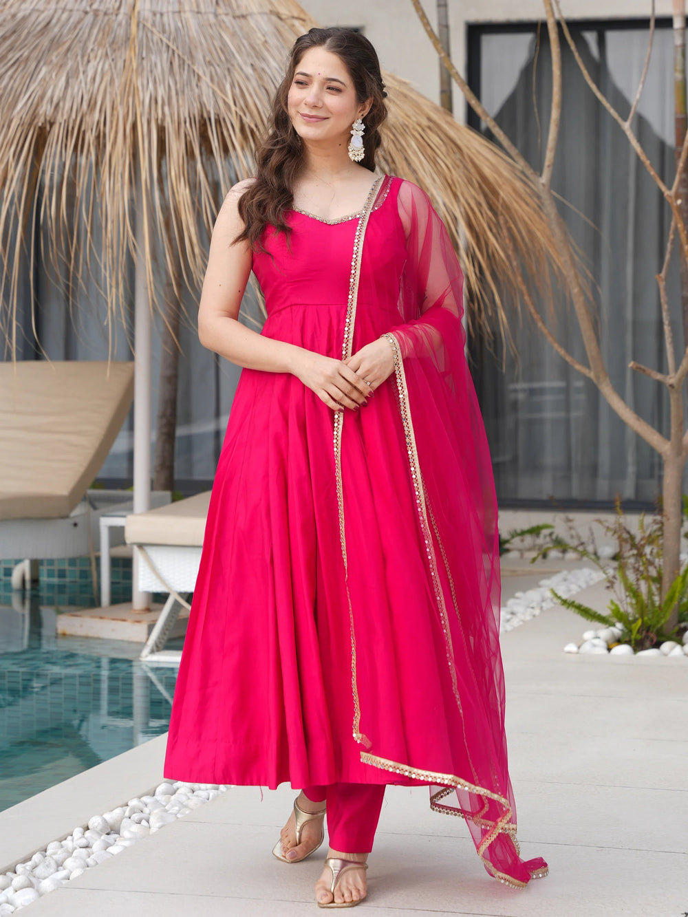 Pink Lace Work Silk Festive Wear Anarkali Suit for Women
