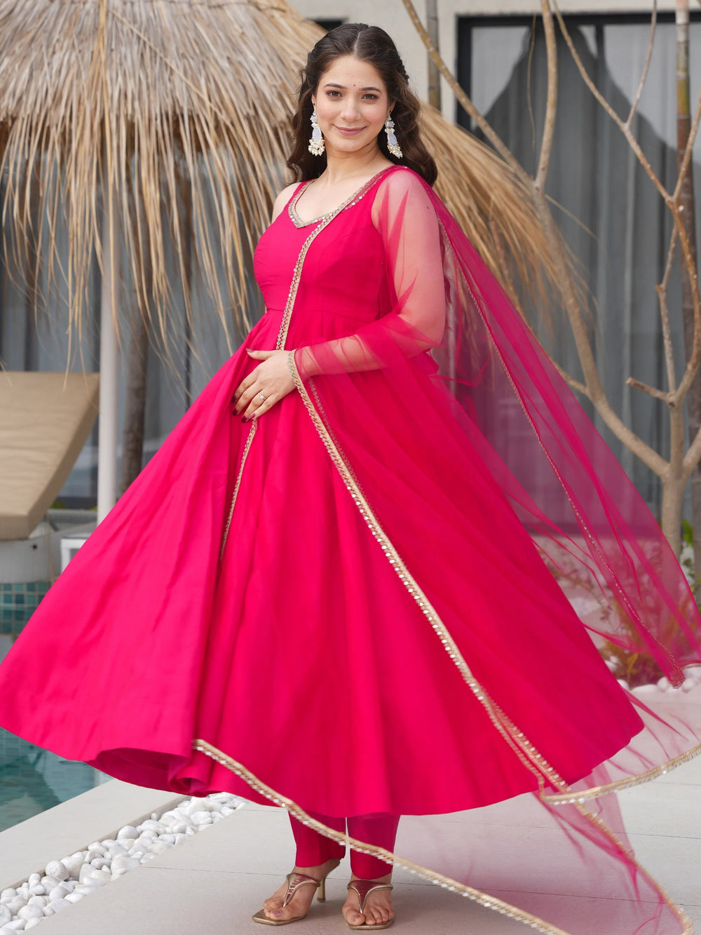 Pink Lace Work Silk Festive Wear Anarkali Suit for Women