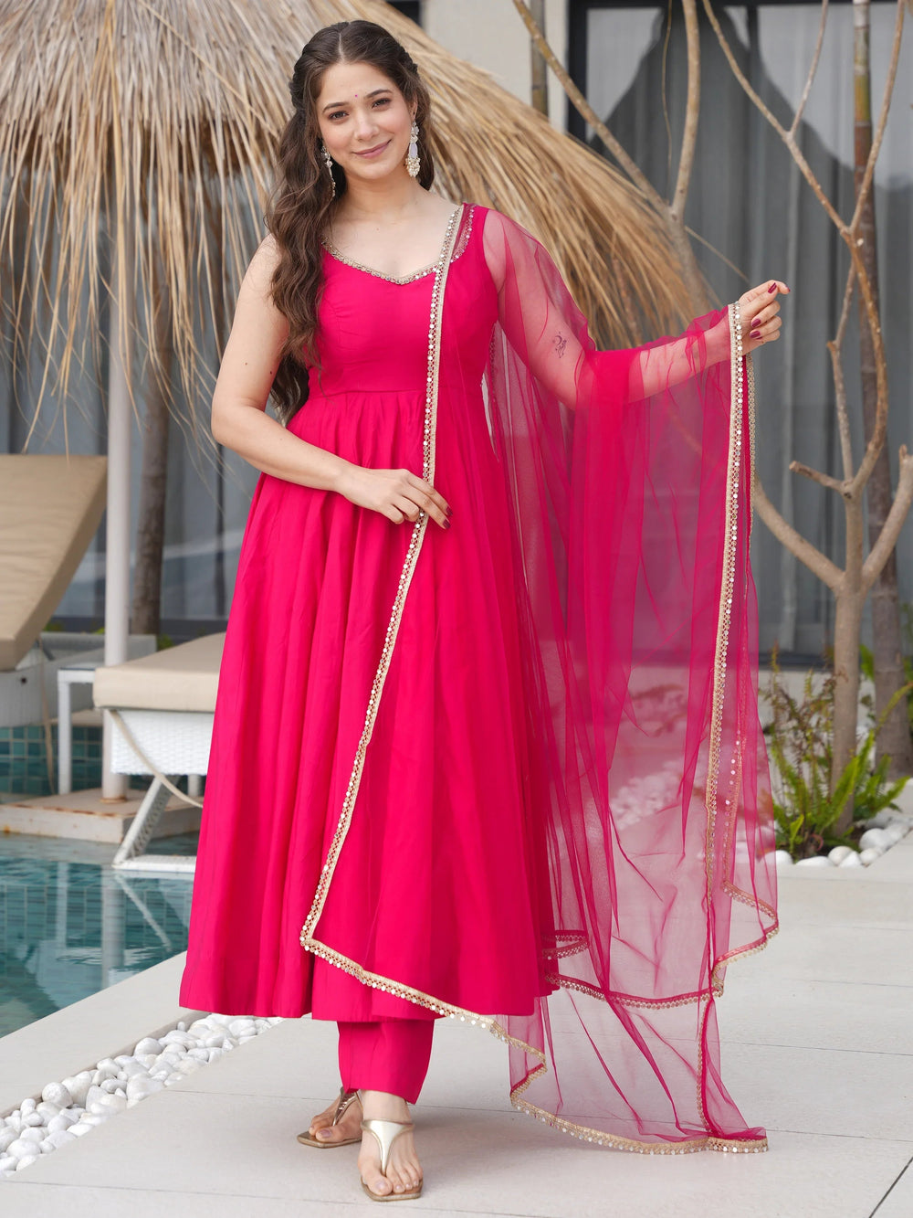 Pink Lace Work Silk Festive Wear Anarkali Suit for Women