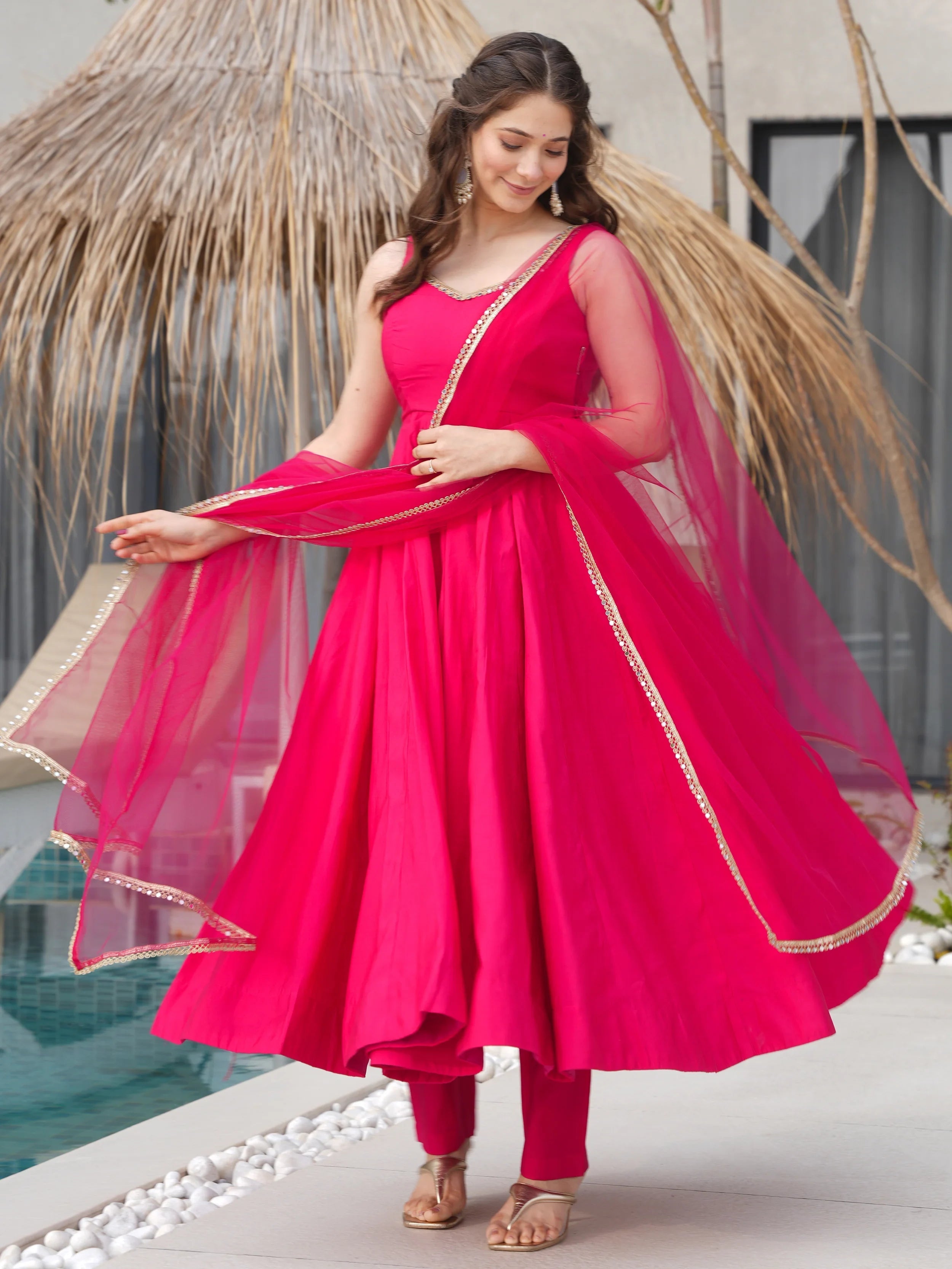 Pink Lace Work Silk Festive Wear Anarkali Suit for Women