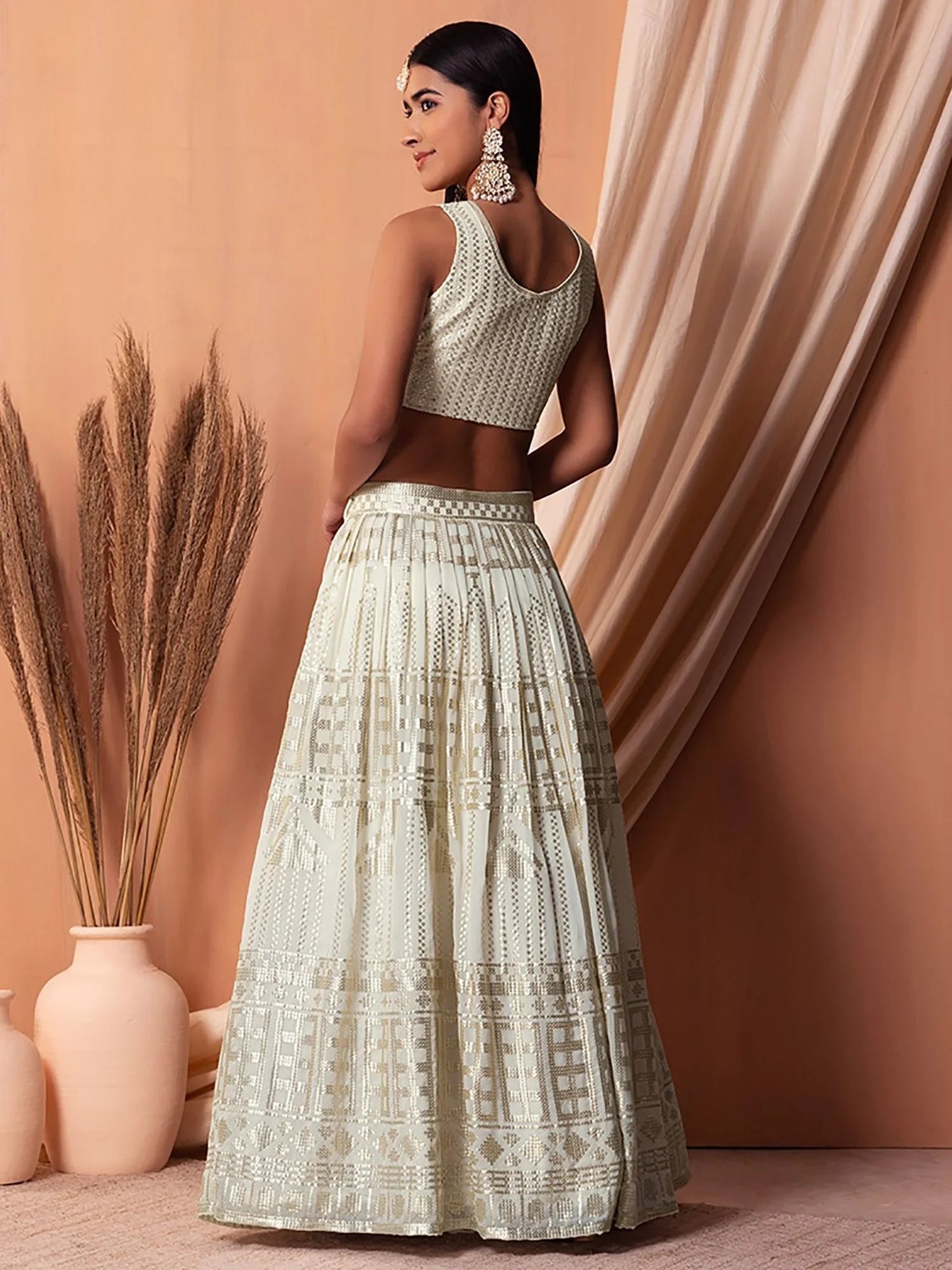 White Sequins Georgette Event Wear Lehenga Choli with Dupatta