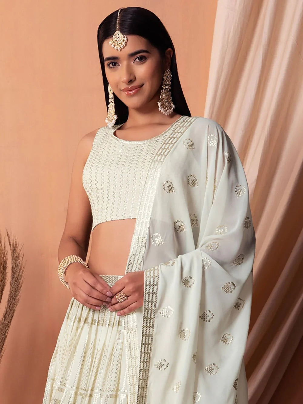 White Sequins Georgette Event Wear Lehenga Choli with Dupatta