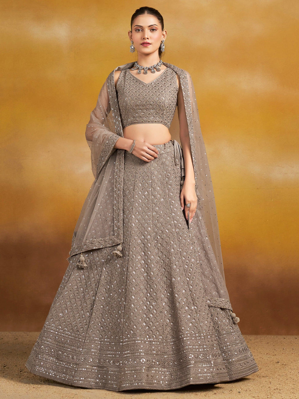 Sequins georgette lehenga choli with thread embroidery for wedding and sangeet occasions
