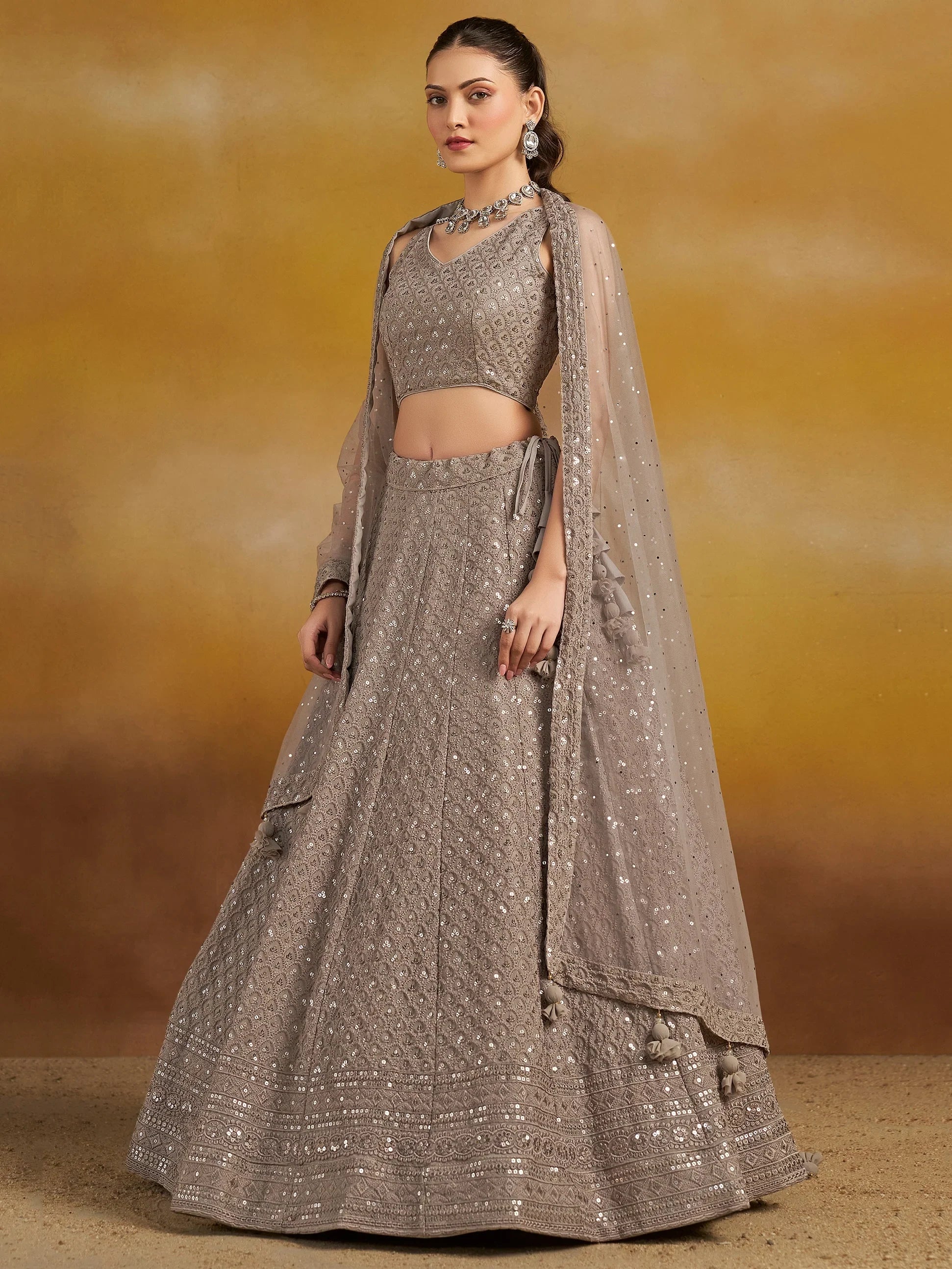 Sequins georgette lehenga choli with thread embroidery for wedding and sangeet occasions