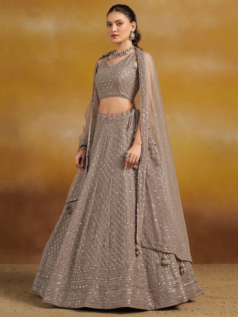 Sequins georgette lehenga choli with thread embroidery for wedding and sangeet occasions