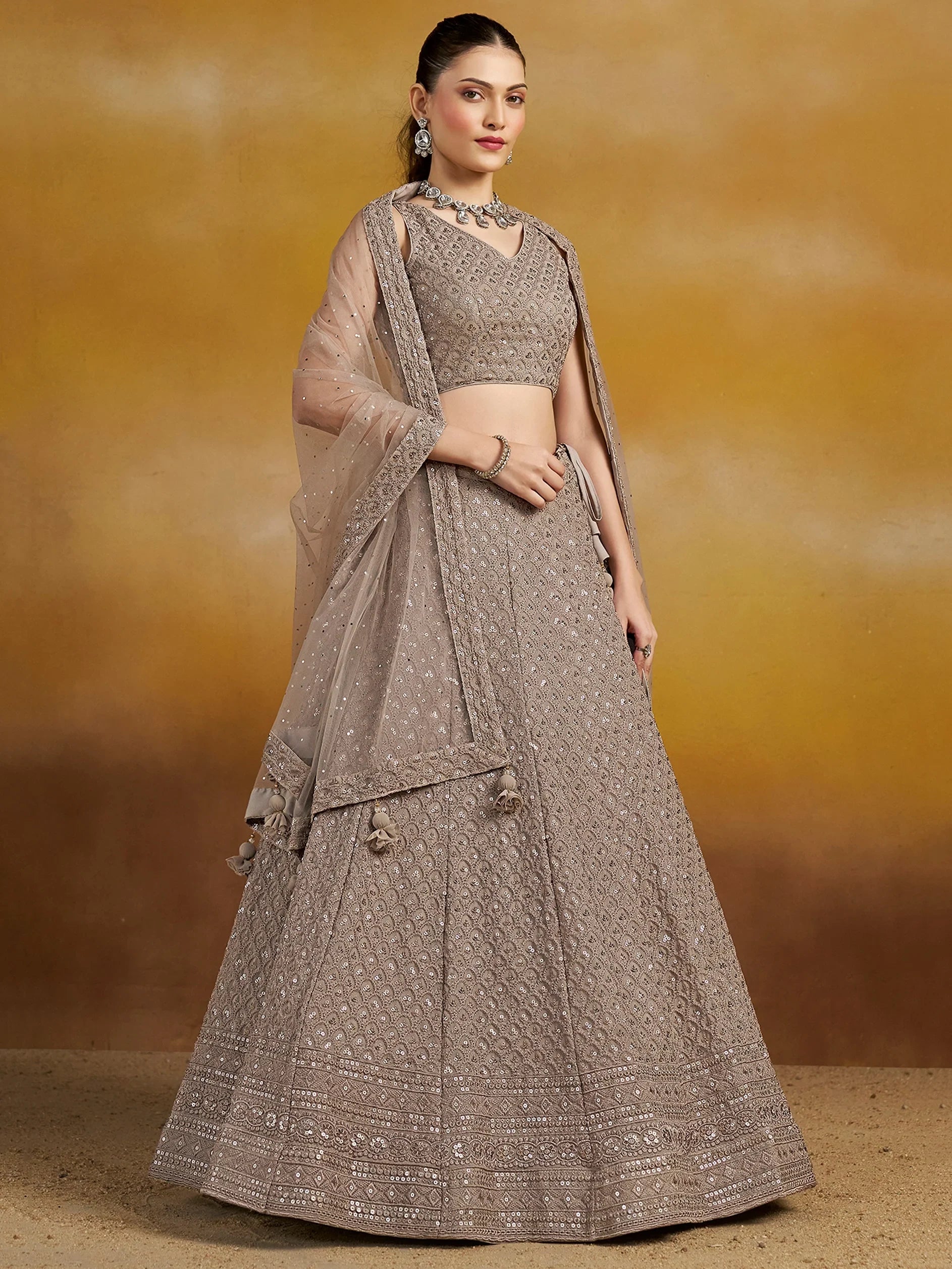 Sequins georgette lehenga choli with thread embroidery for wedding and sangeet occasions