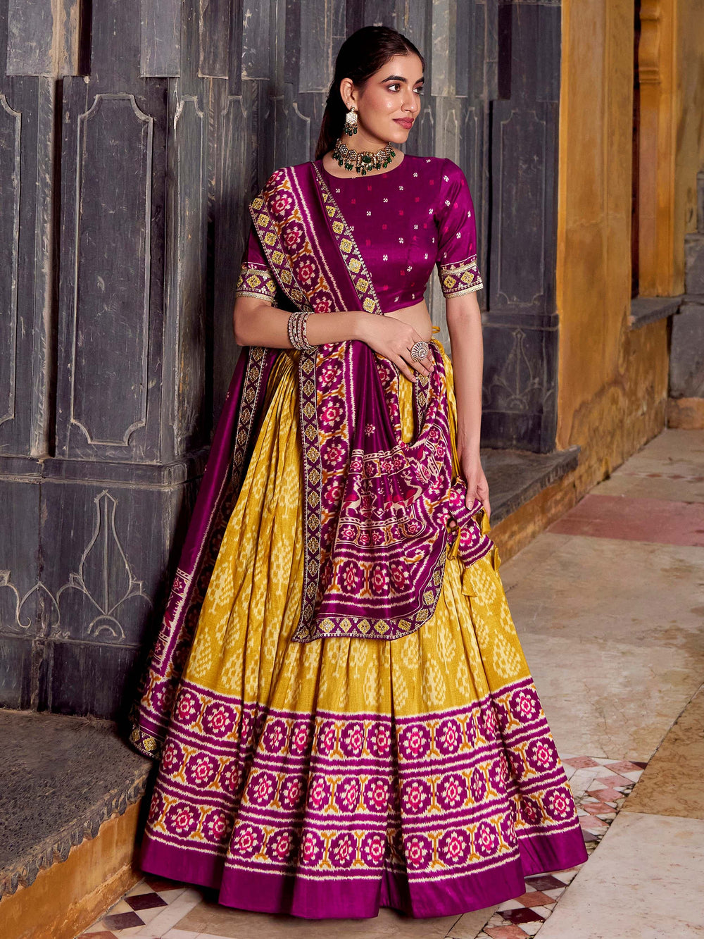 Mustard Yellow Silk Ikkat Printed Lehenga Choli for Women