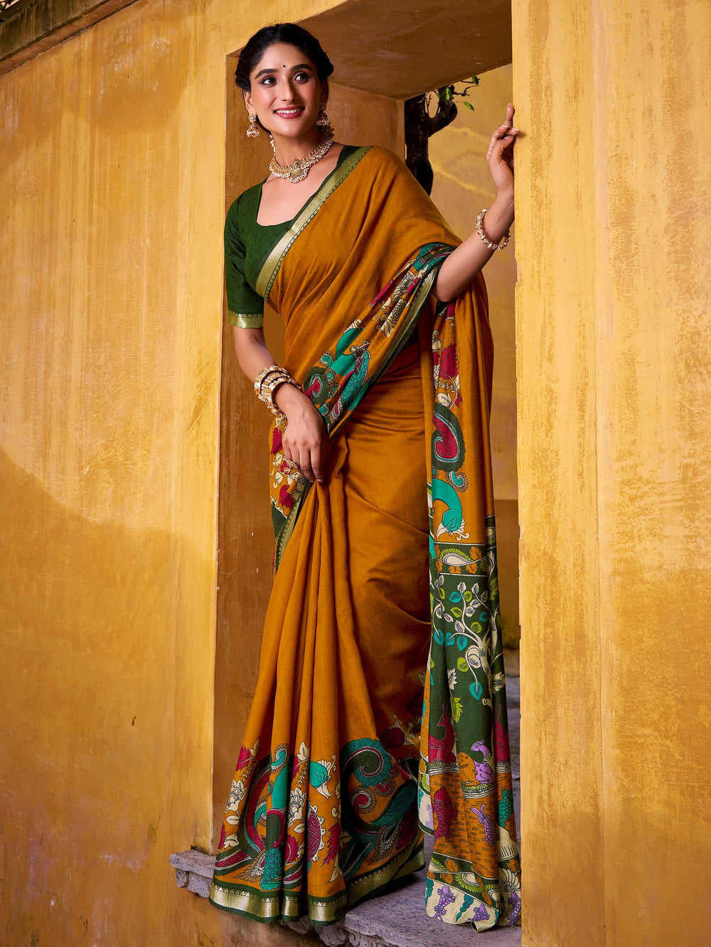 Mustard Yellow Chanderi Weaving Saree With Blouse
