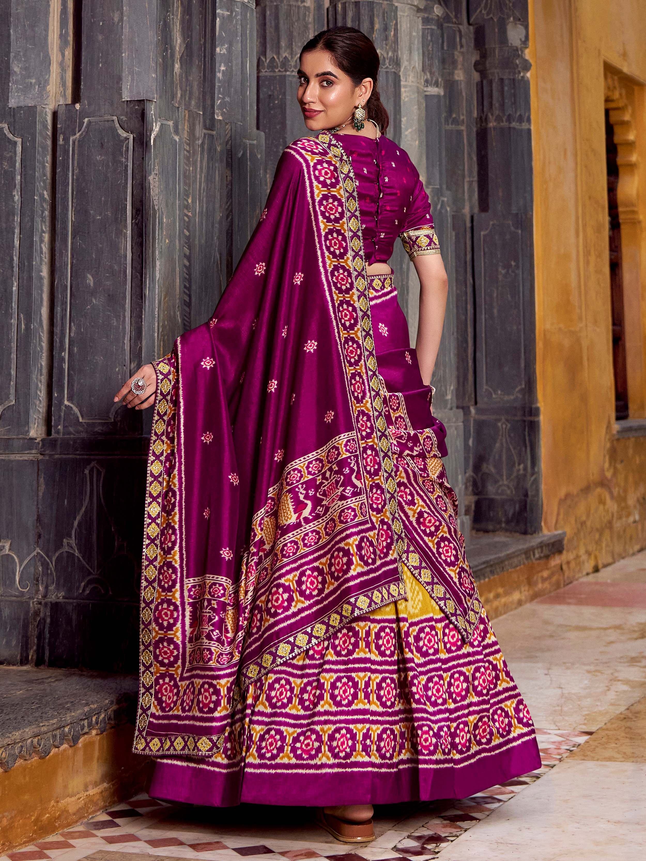 Mustard Yellow Silk Ikkat Printed Lehenga Choli for Women