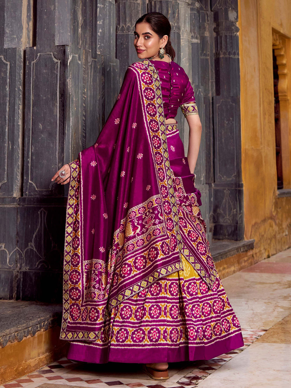 Mustard Yellow Silk Ikkat Printed Lehenga Choli for Women