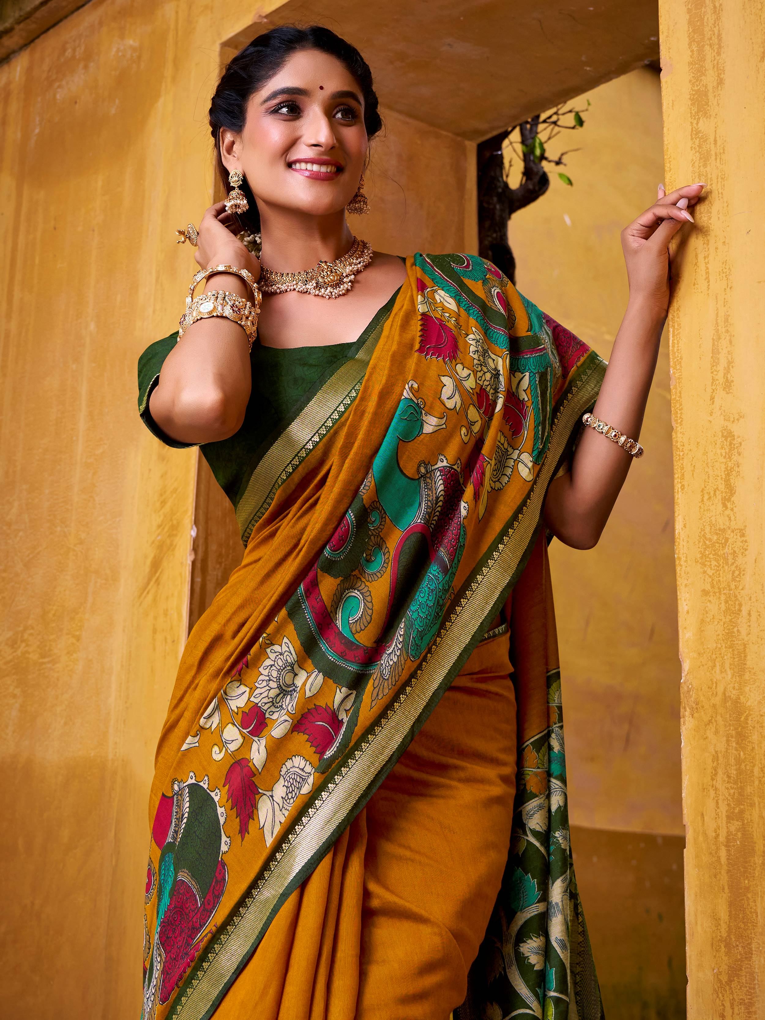 Mustard Yellow Chanderi Weaving Saree With Blouse