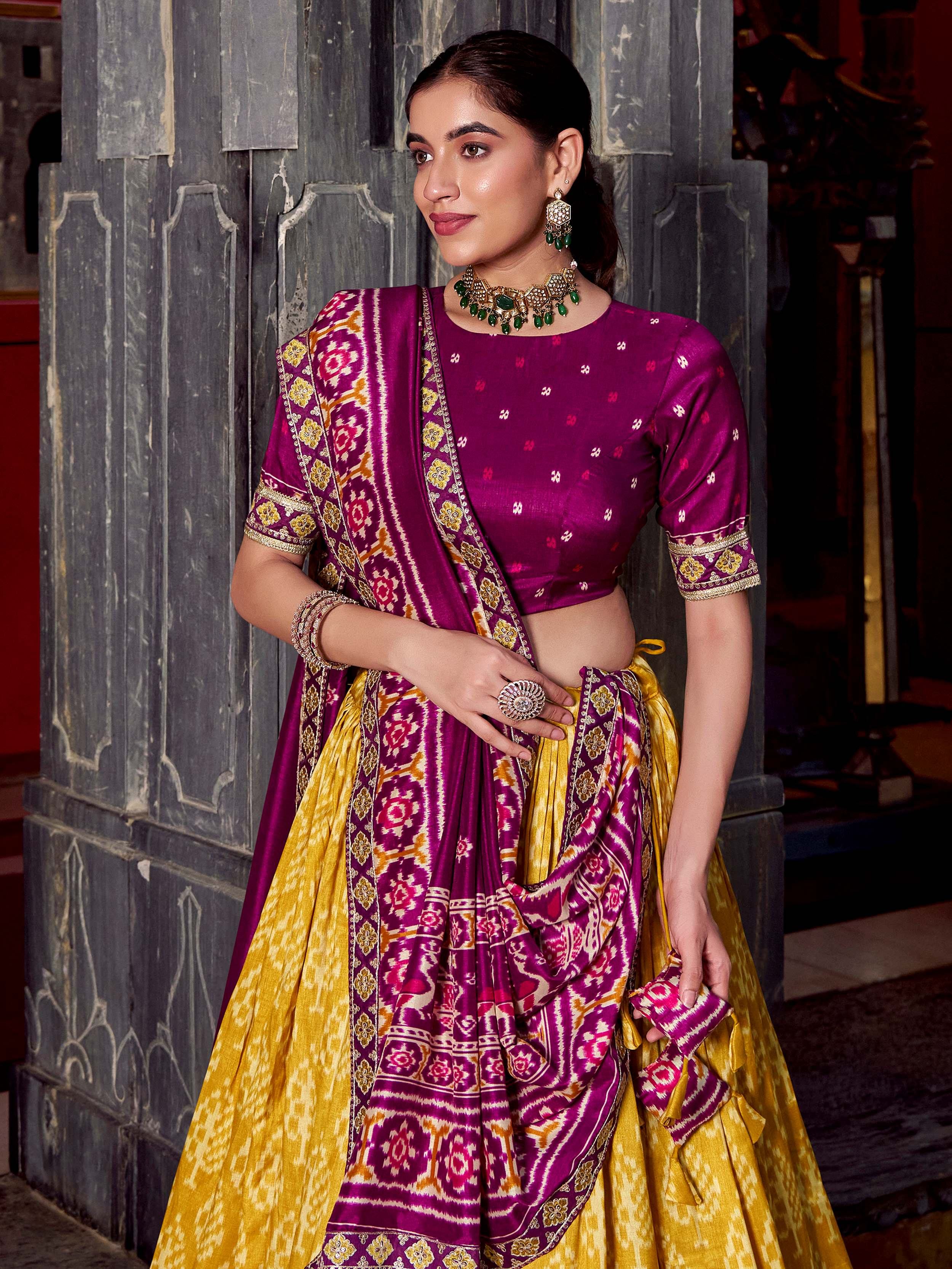 Mustard Yellow Silk Ikkat Printed Lehenga Choli for Women