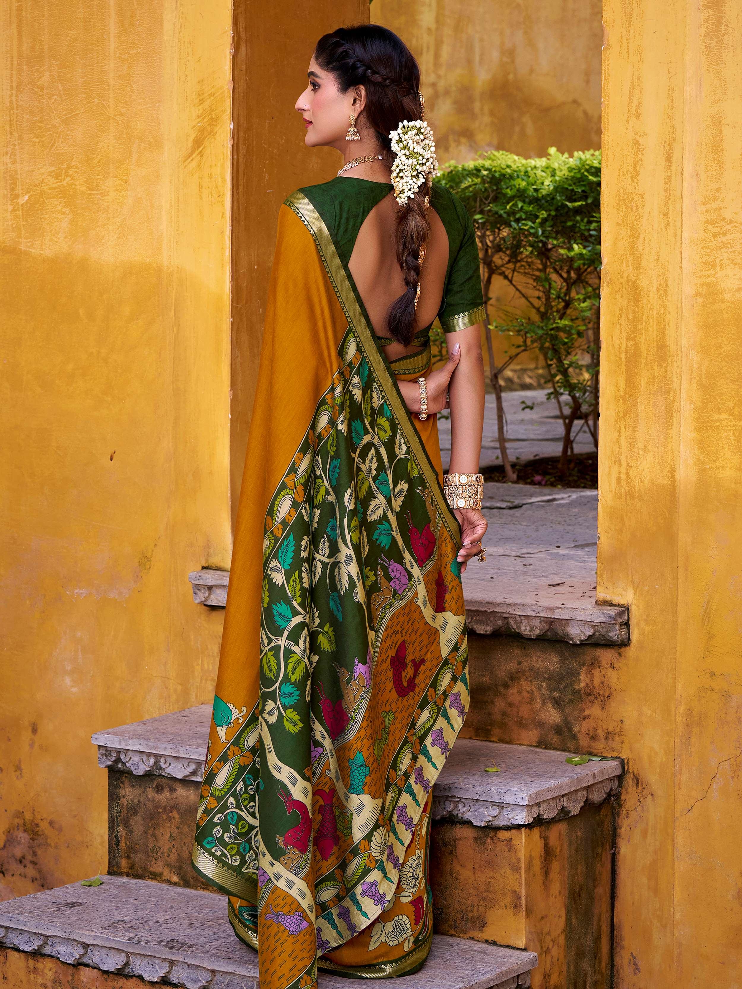 Mustard Yellow Chanderi Weaving Saree With Blouse