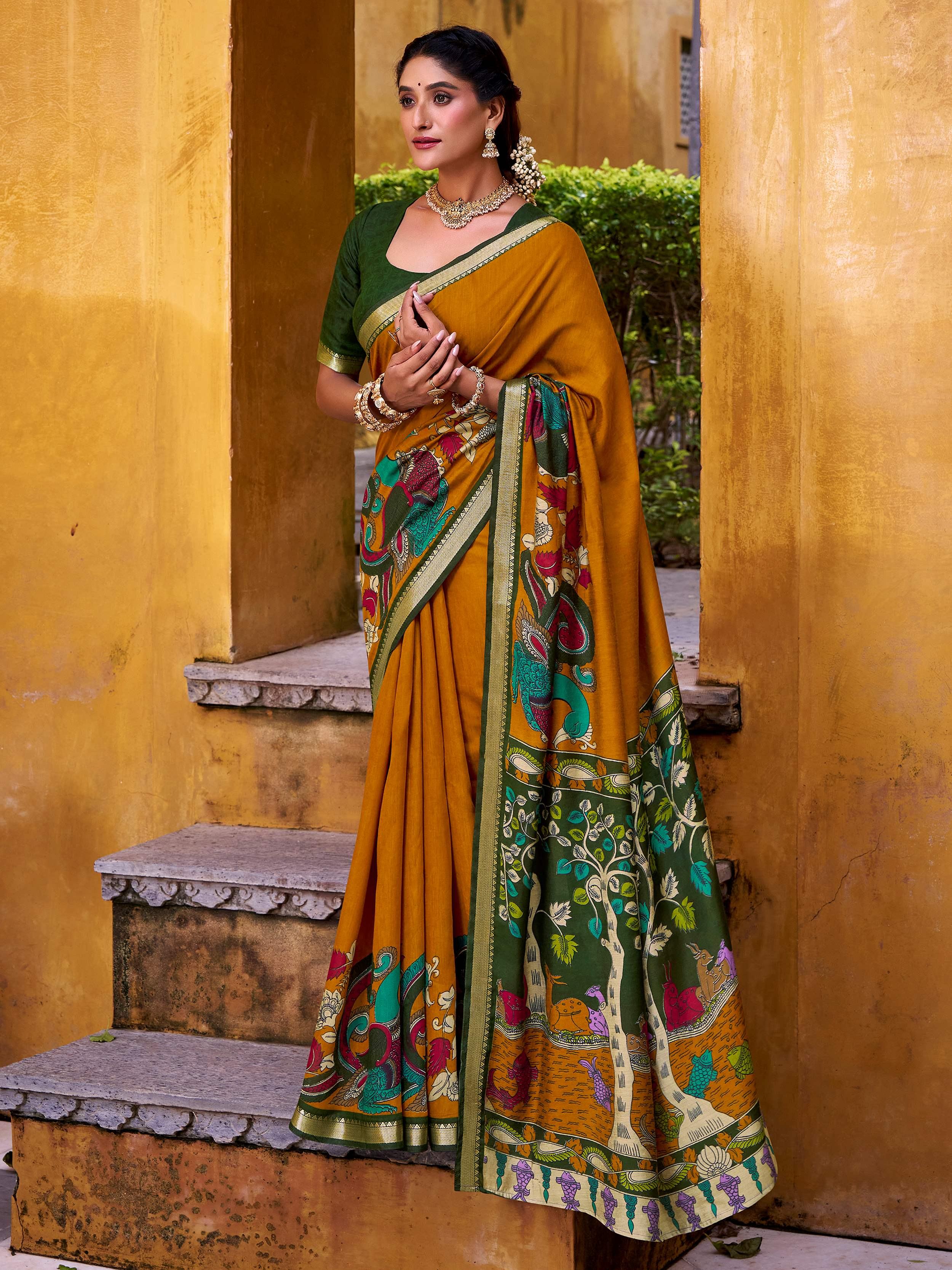 Mustard Yellow Chanderi Weaving Saree With Blouse