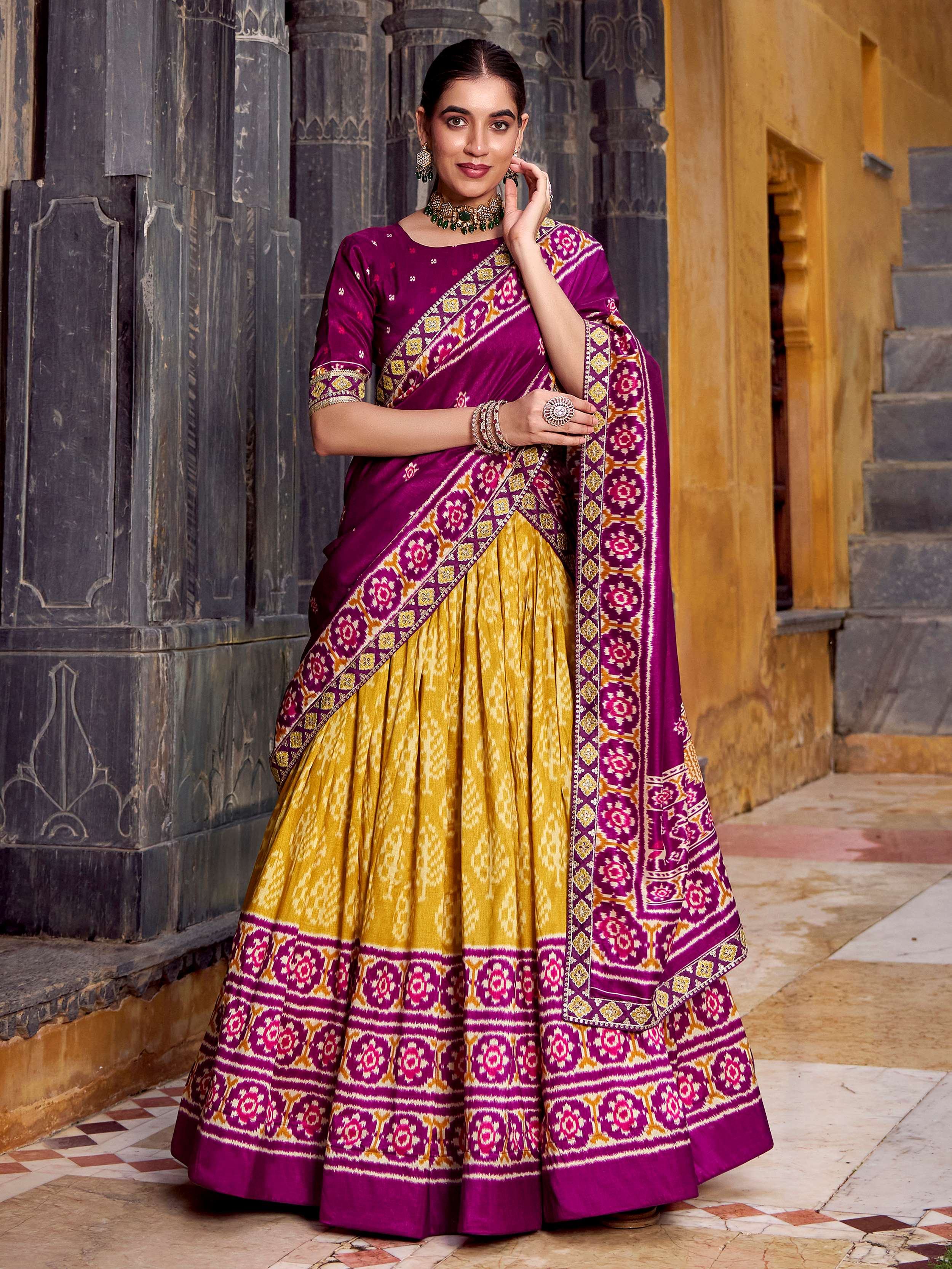 Mustard Yellow Silk Ikkat Printed Lehenga Choli for Women
