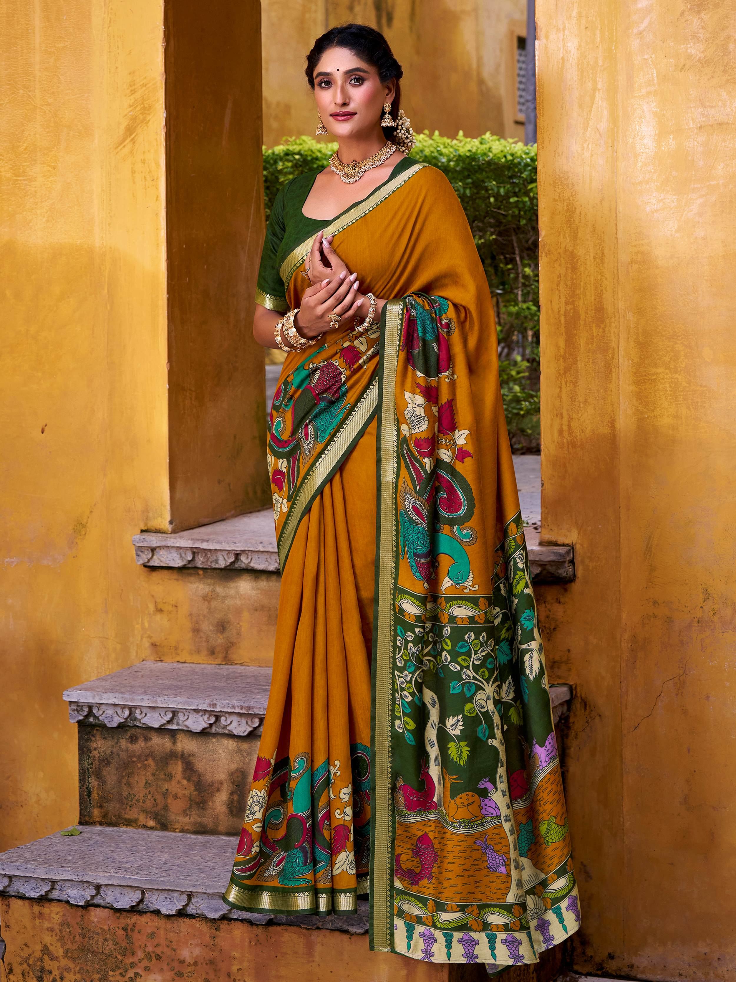 Mustard Yellow Chanderi Weaving Saree With Blouse