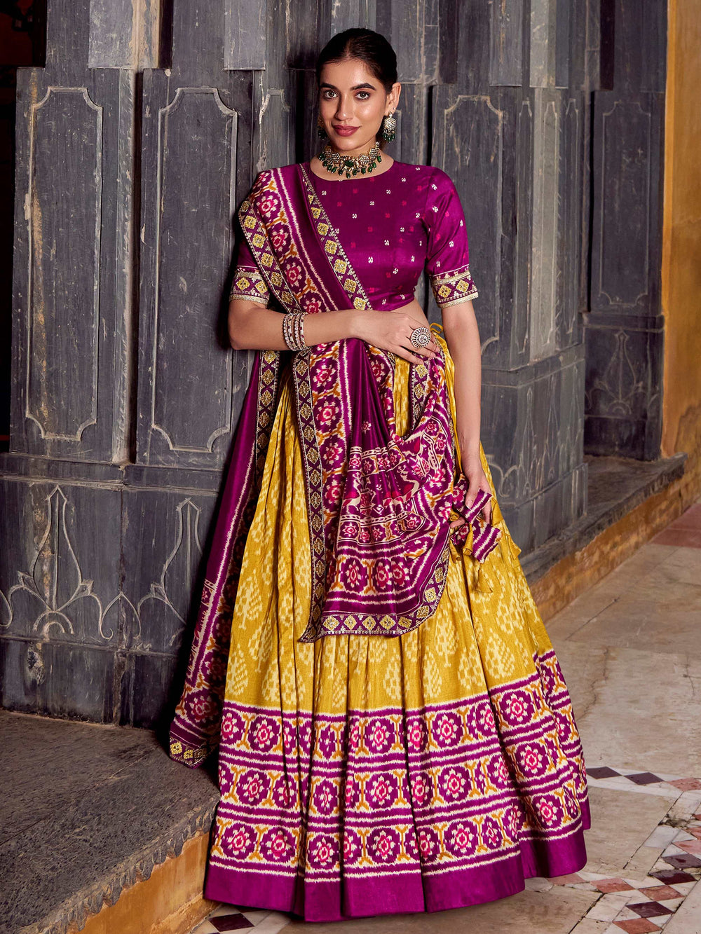 Mustard Yellow Silk Ikkat Printed Lehenga Choli for Women