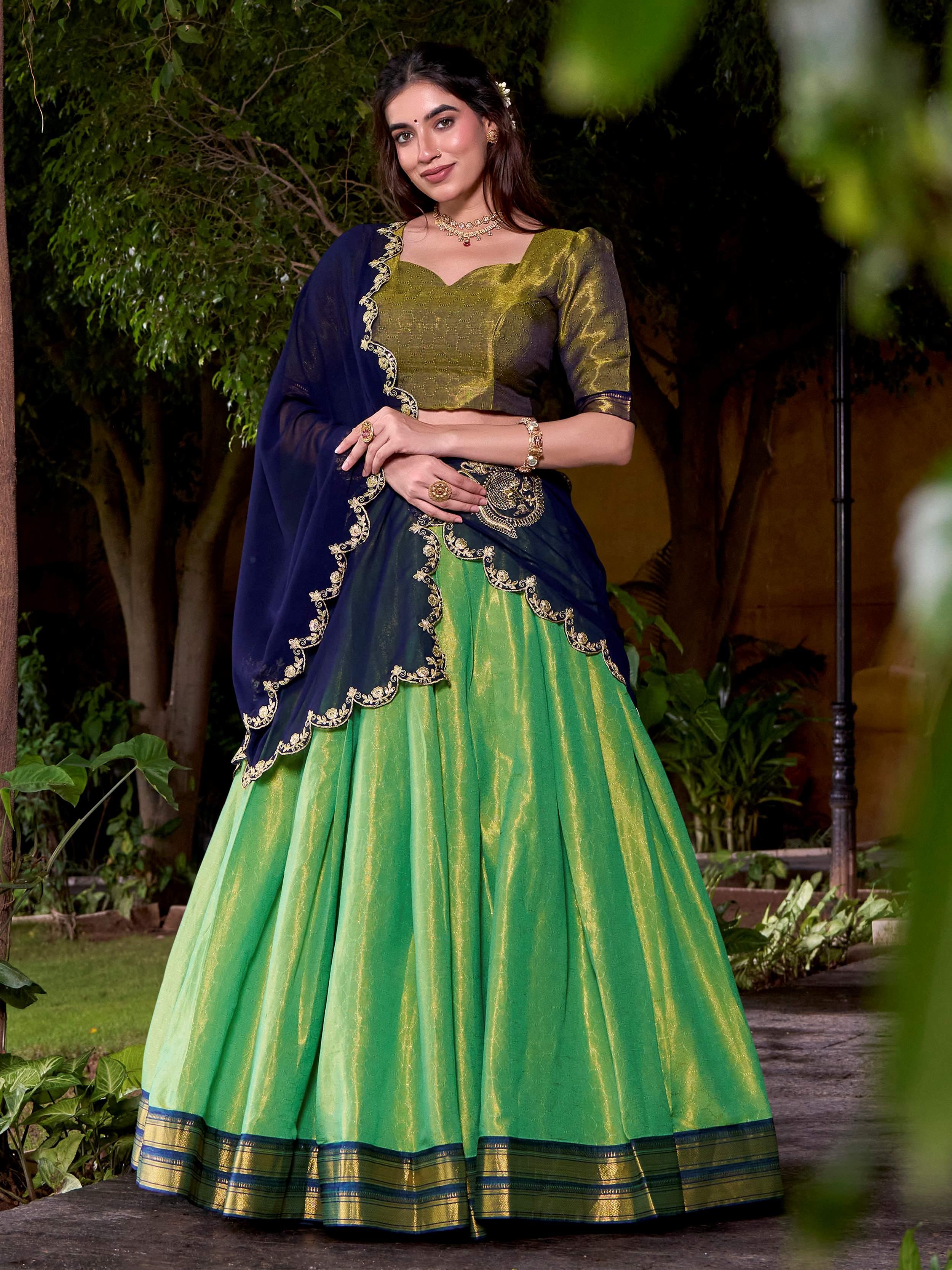 Green Kanchipuram Silk Zari Weaving Half Saree Lehenga