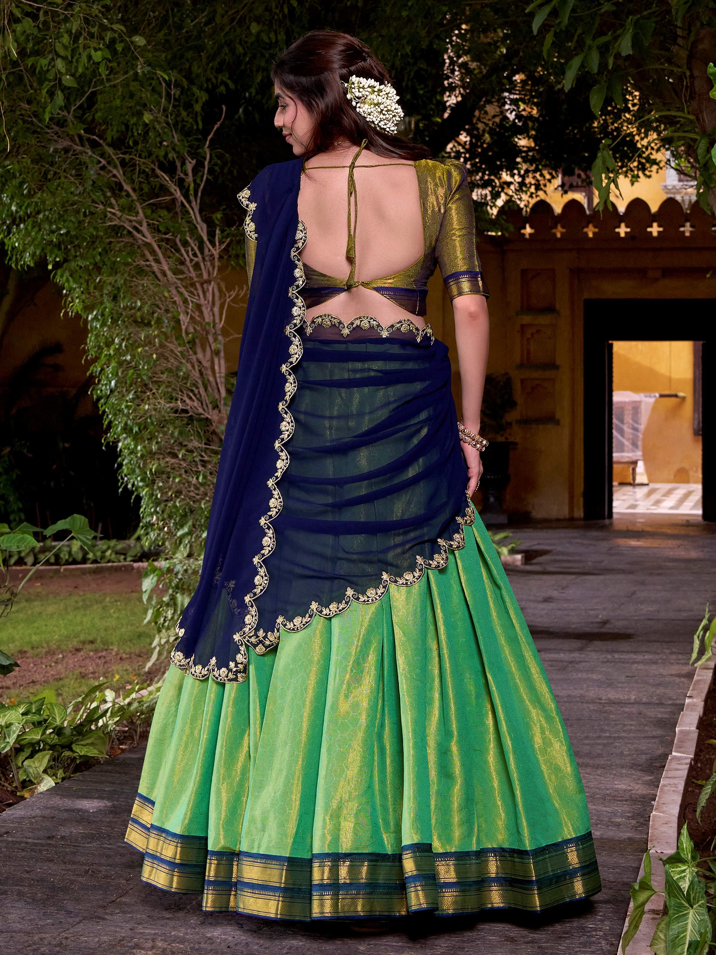 Green Kanchipuram Silk Zari Weaving Half Saree Lehenga