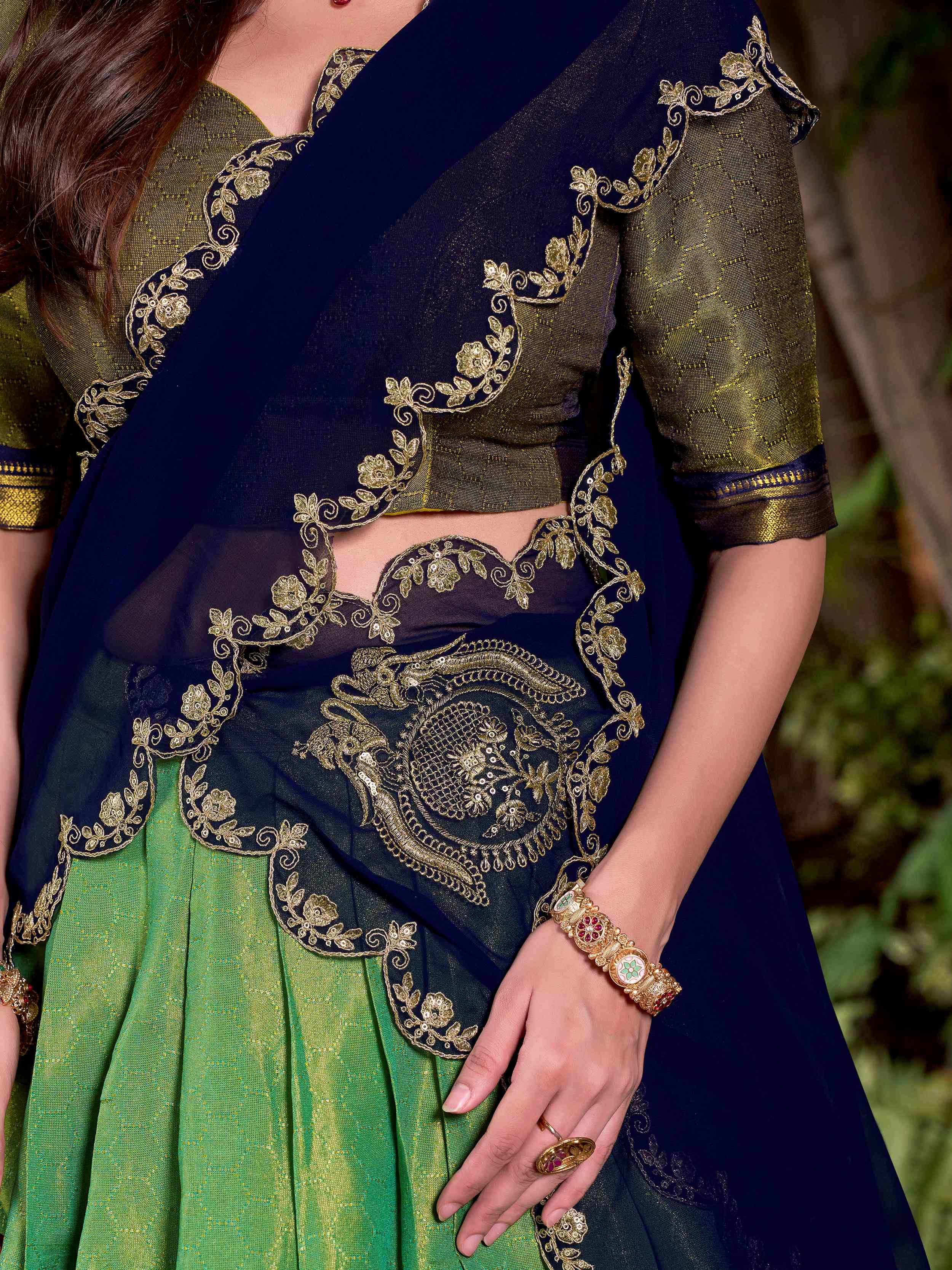 Green Kanchipuram Silk Zari Weaving Half Saree Lehenga