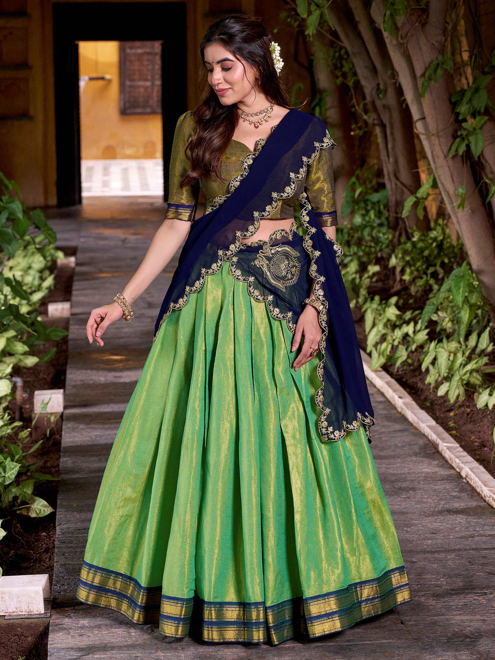 Green Kanchipuram Silk Zari Weaving Half Saree Lehenga