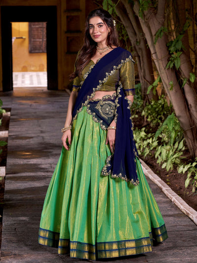 Green Kanchipuram Silk Zari Weaving Half Saree Lehenga
