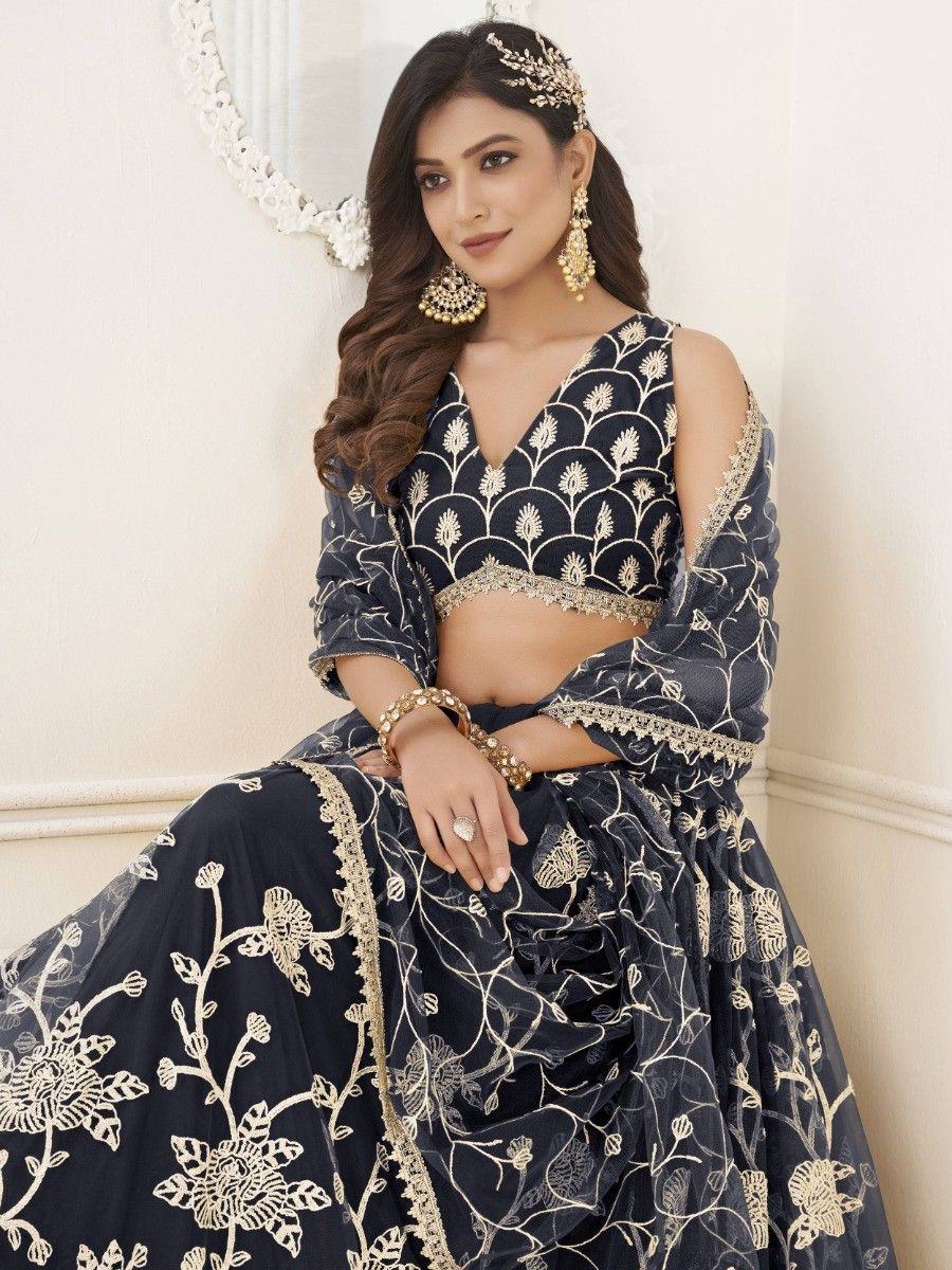 Black Appealing Embroidered Net Haldi Wear Lehenga Choli for Women