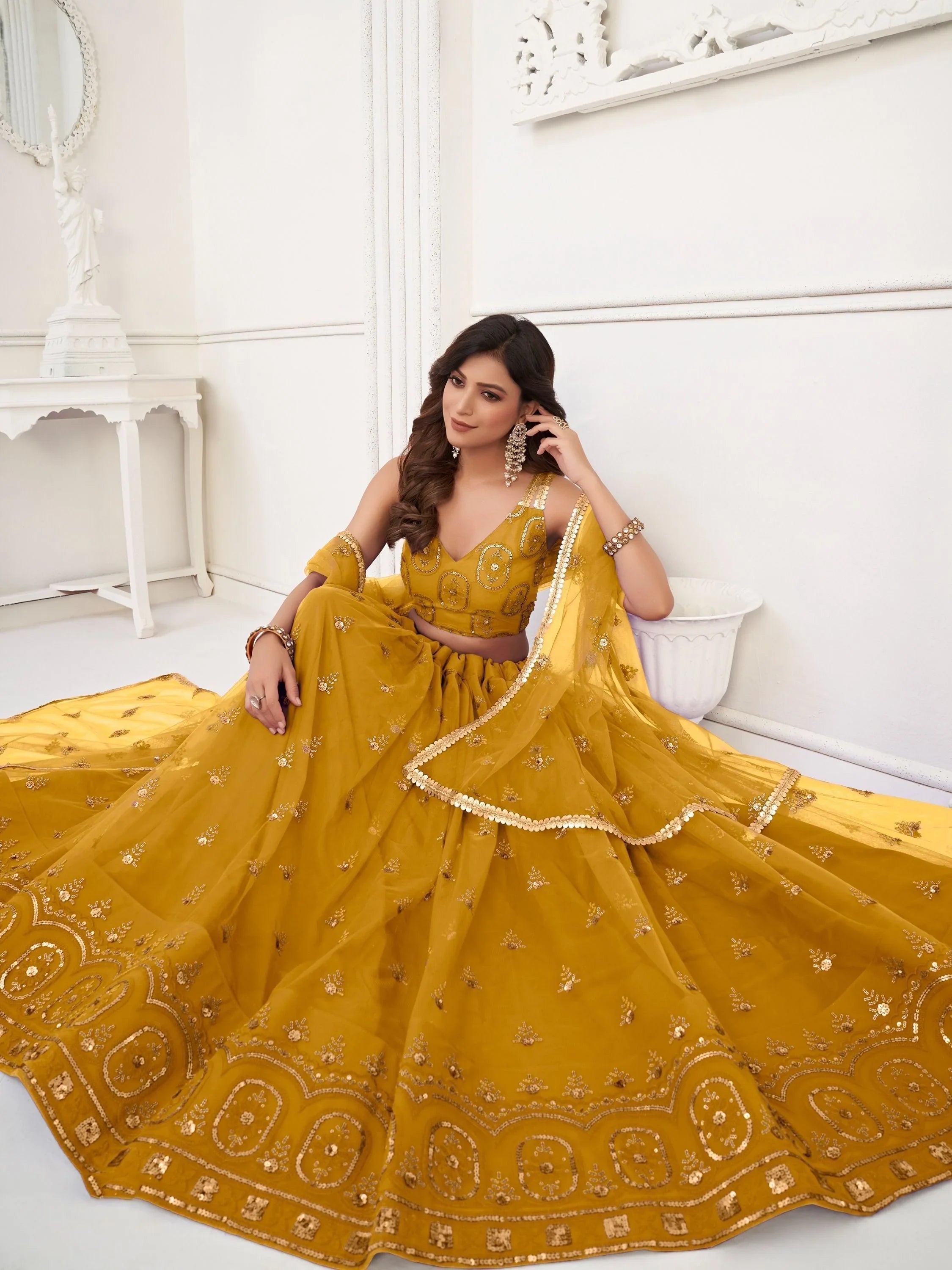 Yellow Gorgeous Sequins Net Mehendi Wear Lehenga Choli With Dupatta for Women
