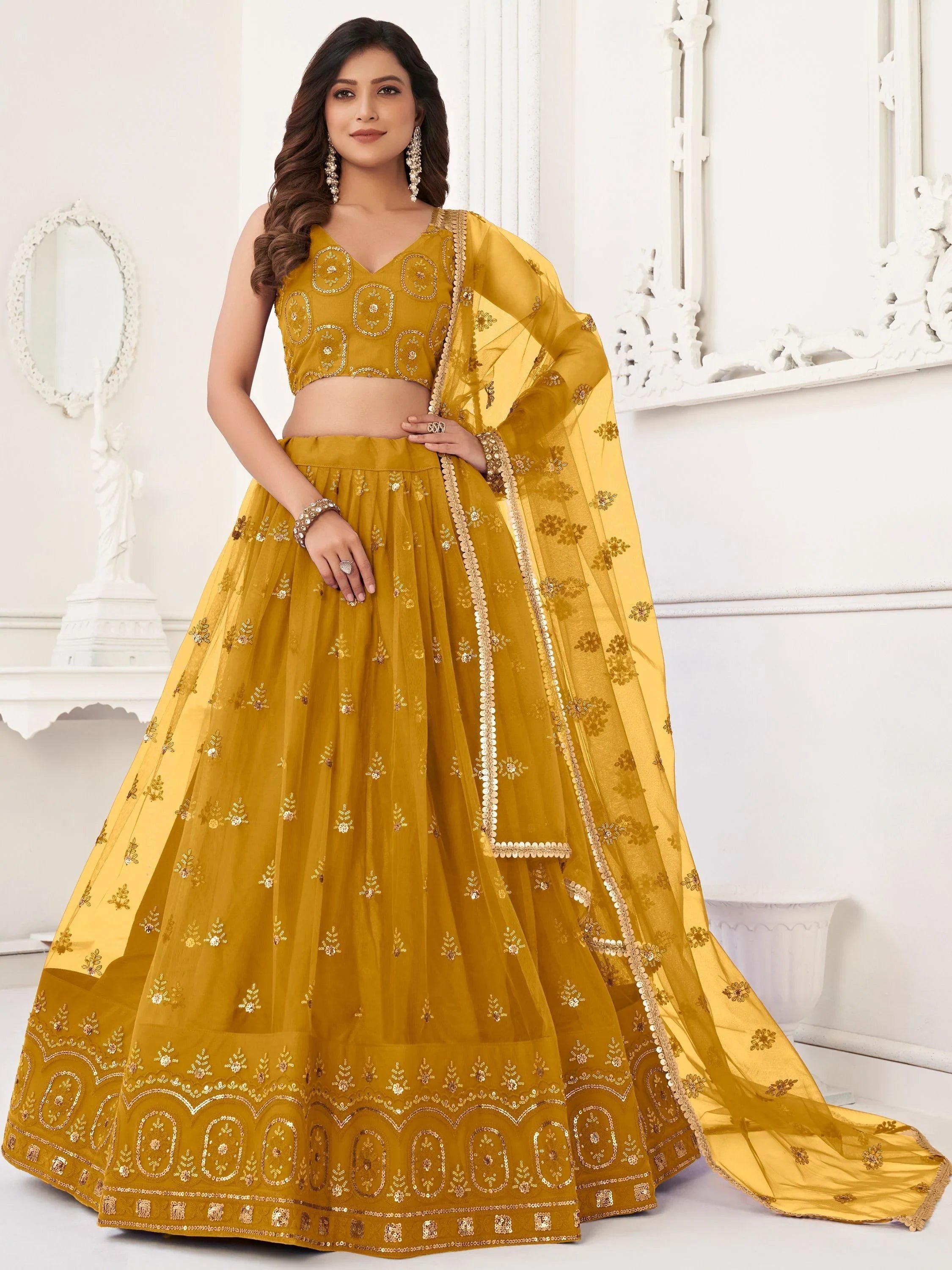 Yellow Gorgeous Sequins Net Mehendi Wear Lehenga Choli With Dupatta for Women