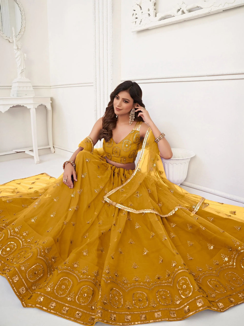 Yellow Gorgeous Sequins Net Mehendi Wear Lehenga Choli With Dupatta for Women