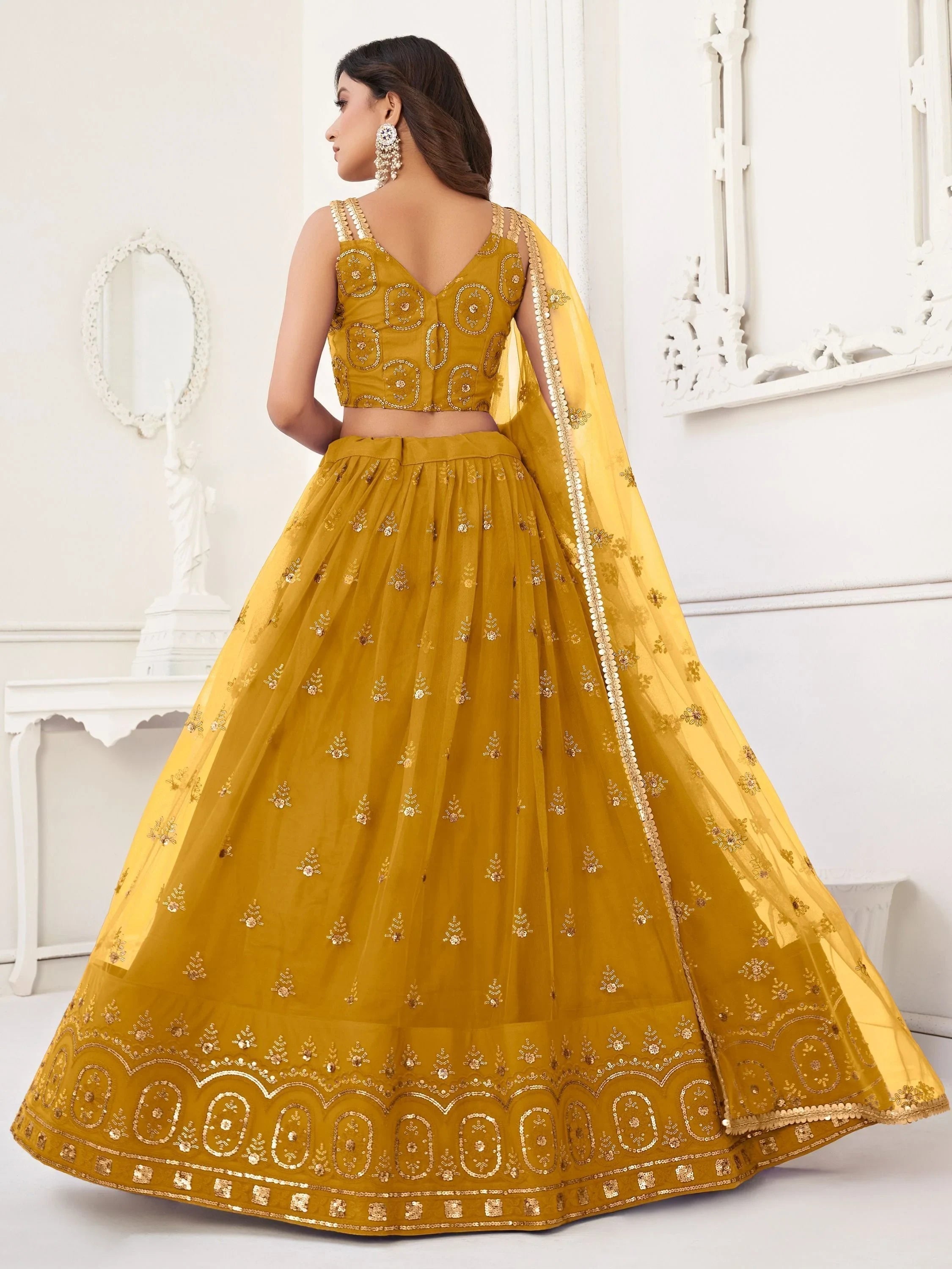 Yellow Gorgeous Sequins Net Mehendi Wear Lehenga Choli With Dupatta for Women