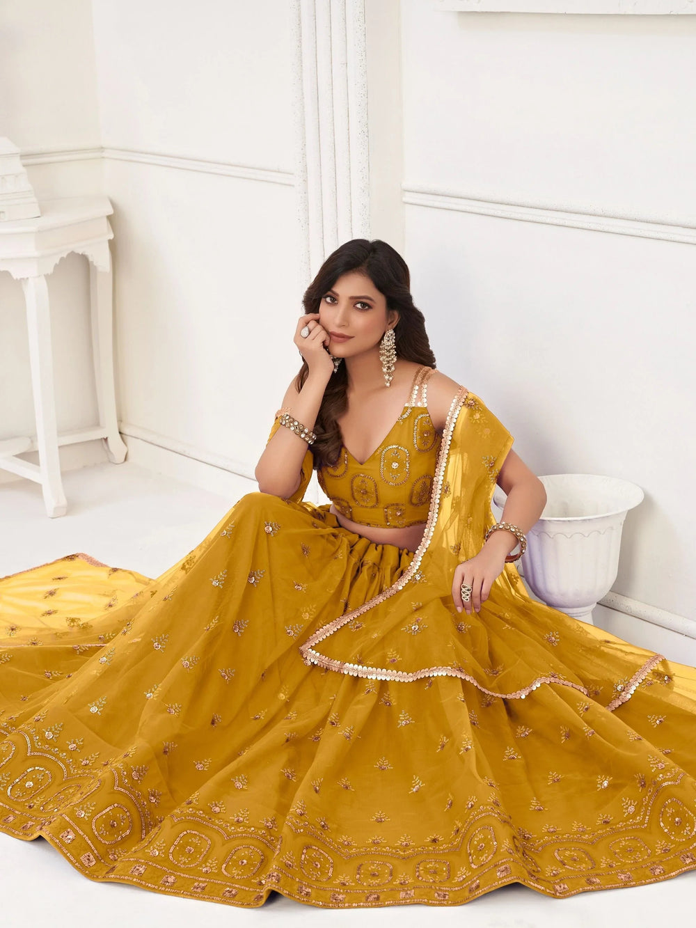 Yellow Gorgeous Sequins Net Mehendi Wear Lehenga Choli With Dupatta for Women