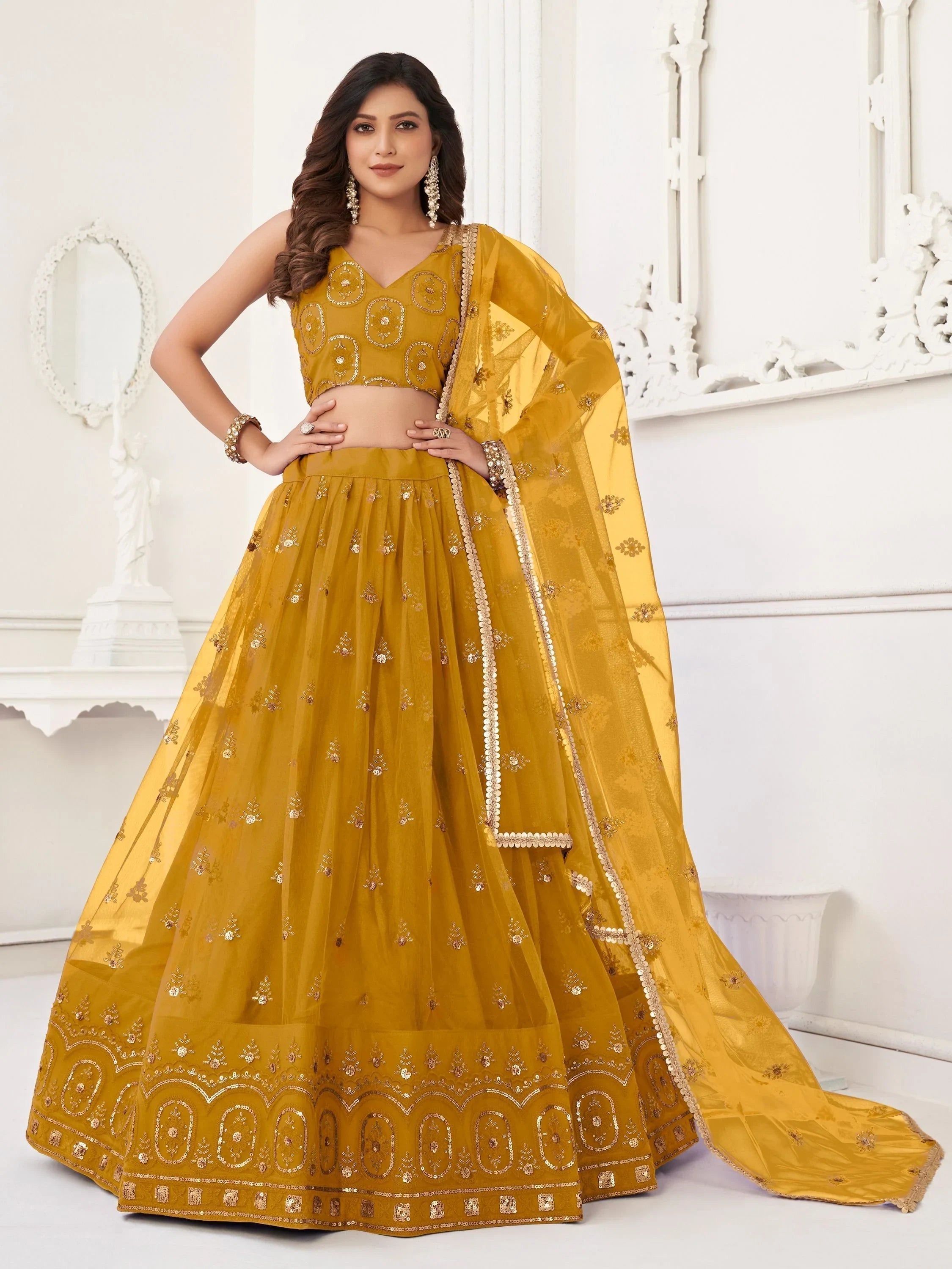 Yellow Gorgeous Sequins Net Mehendi Wear Lehenga Choli With Dupatta for Women