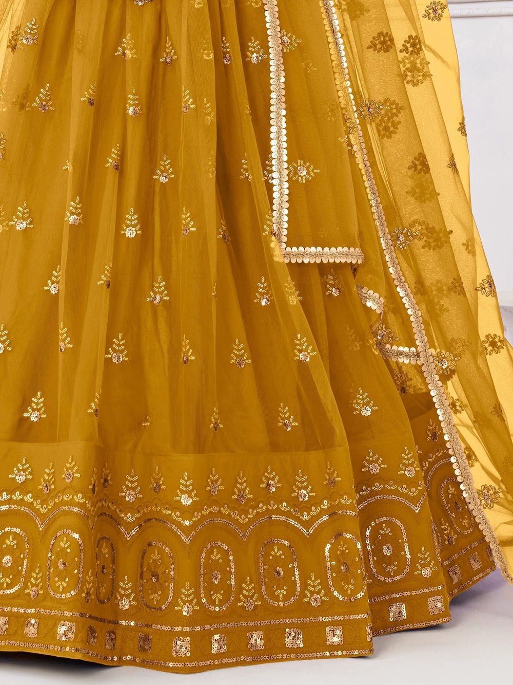 Yellow Gorgeous Sequins Net Mehendi Wear Lehenga Choli With Dupatta for Women