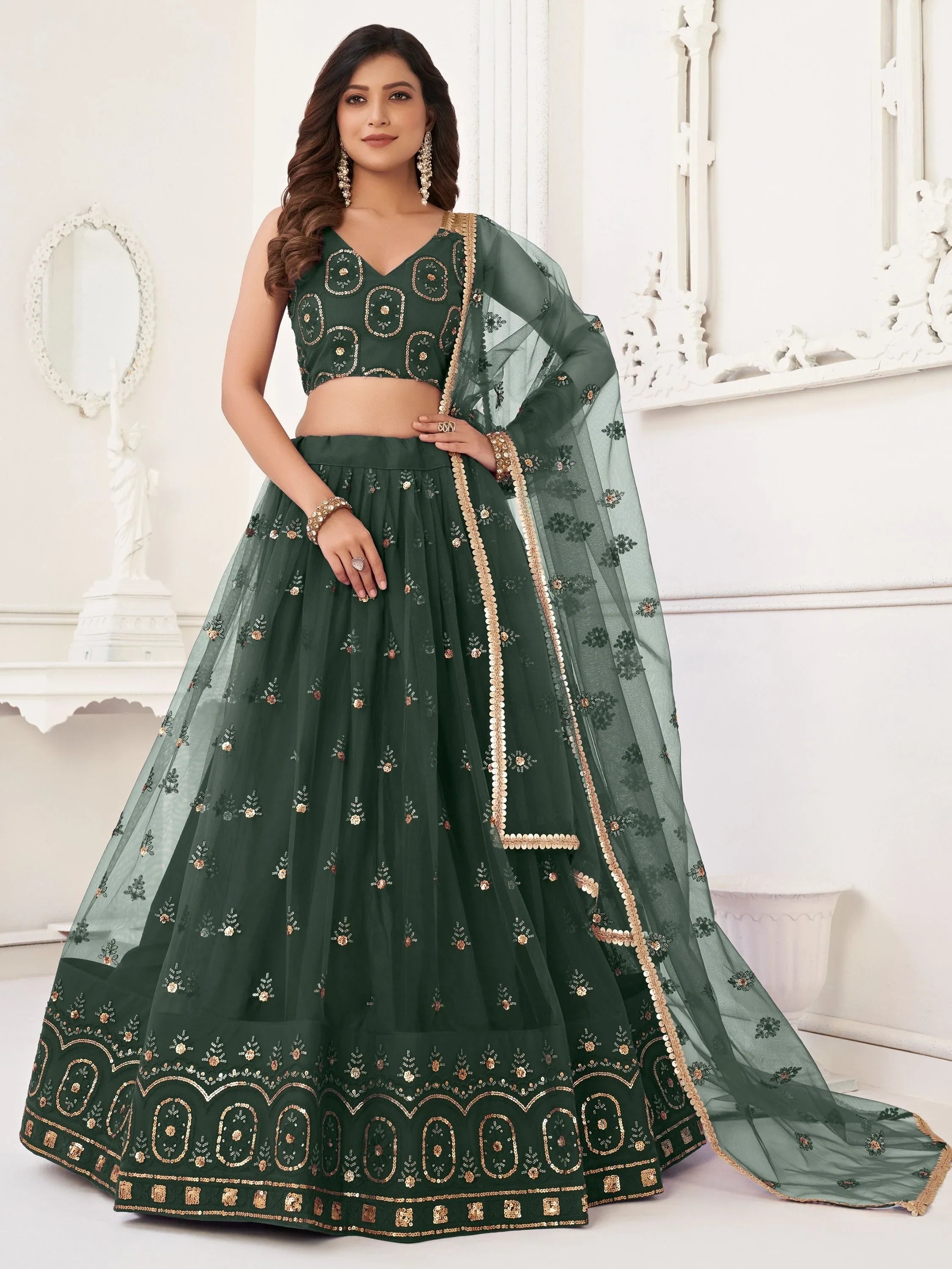 Green Gorgeous Sequins Net Mehendi Wear Lehenga Choli With Dupatta for Women