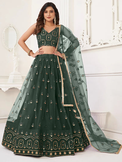 Green Gorgeous Sequins Net Mehendi Wear Lehenga Choli With Dupatta for Women