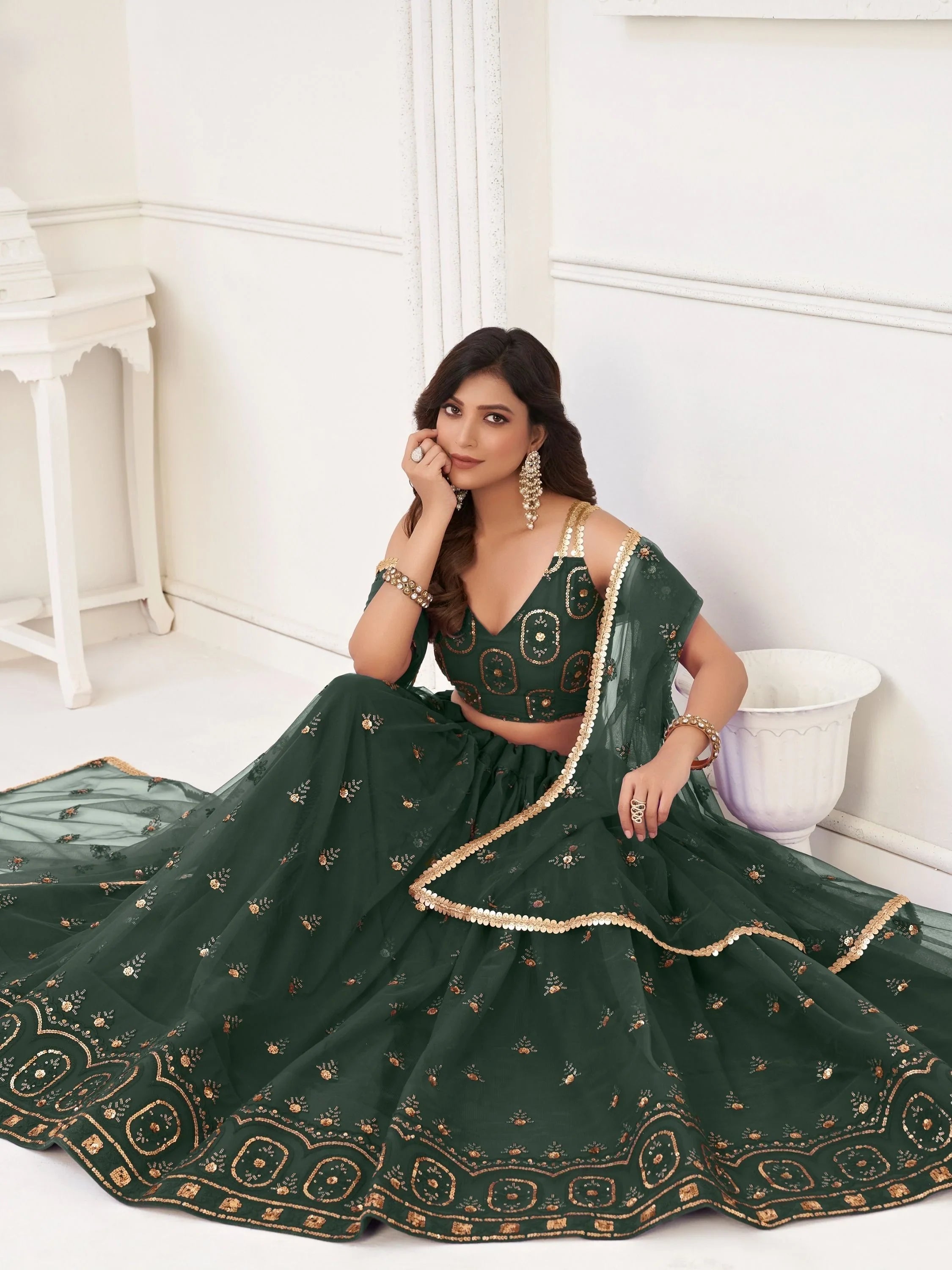 Green Gorgeous Sequins Net Mehendi Wear Lehenga Choli With Dupatta for Women