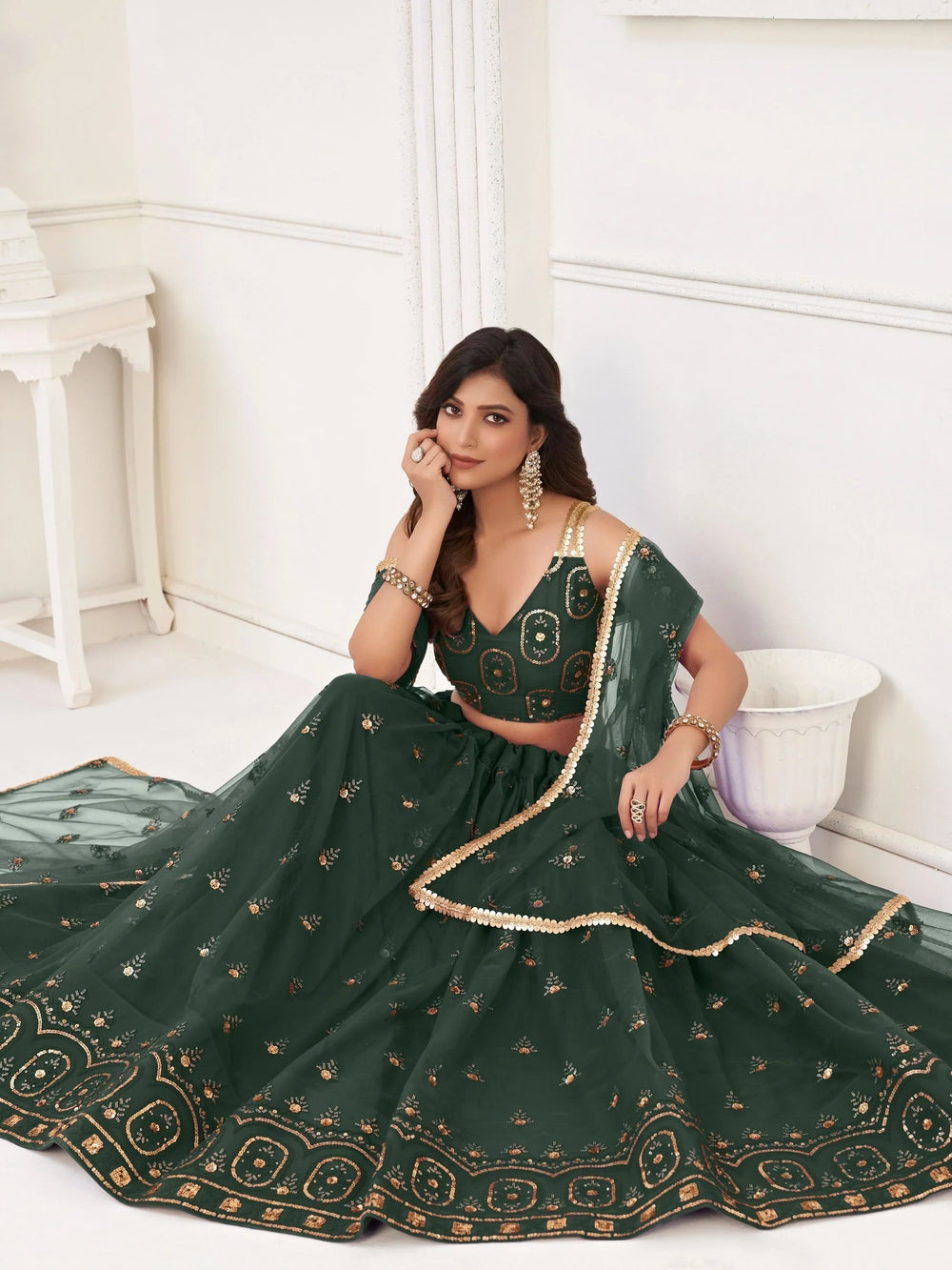 Green Gorgeous Sequins Net Mehendi Wear Lehenga Choli With Dupatta for Women