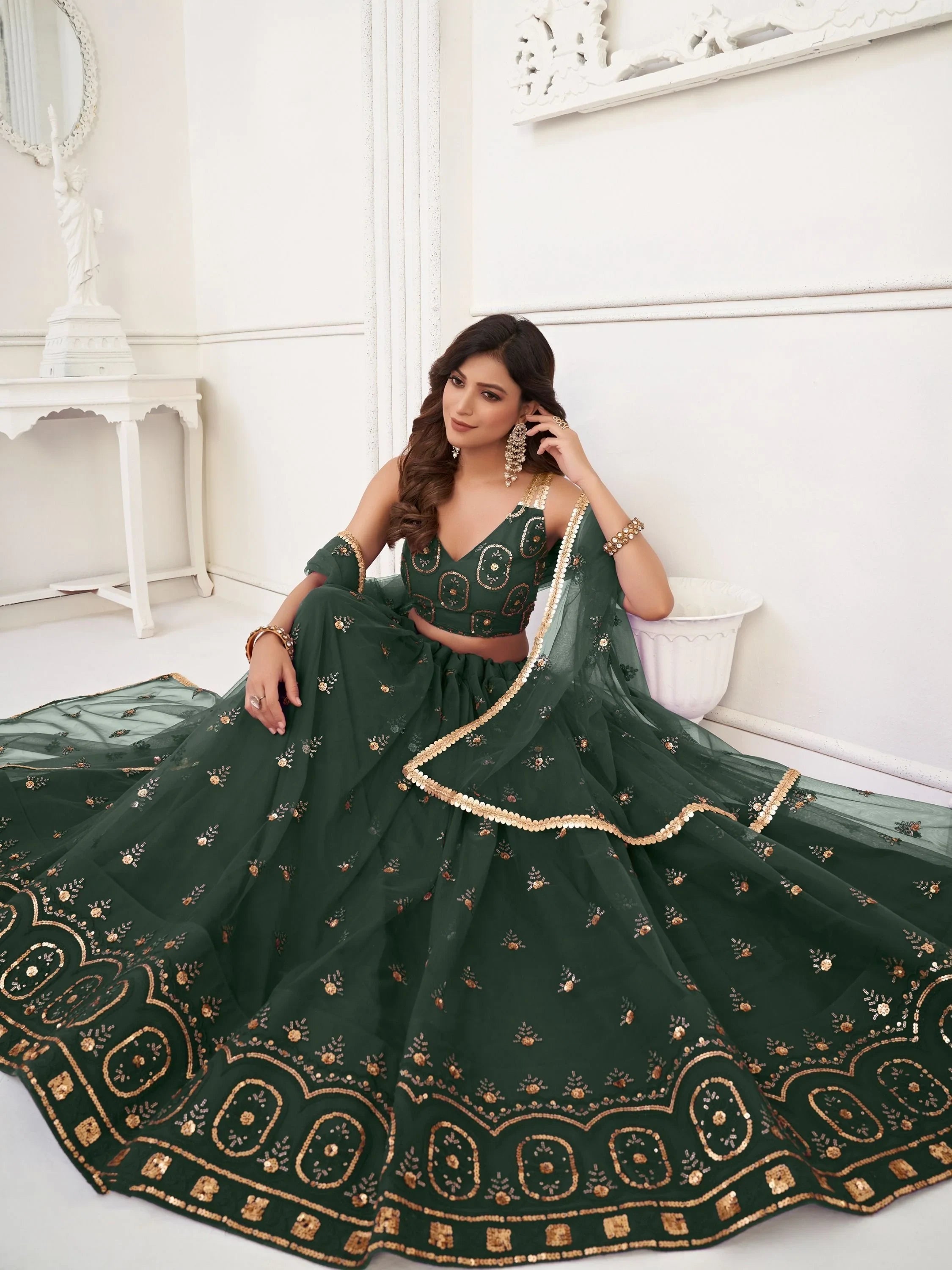 Green Gorgeous Sequins Net Mehendi Wear Lehenga Choli With Dupatta for Women