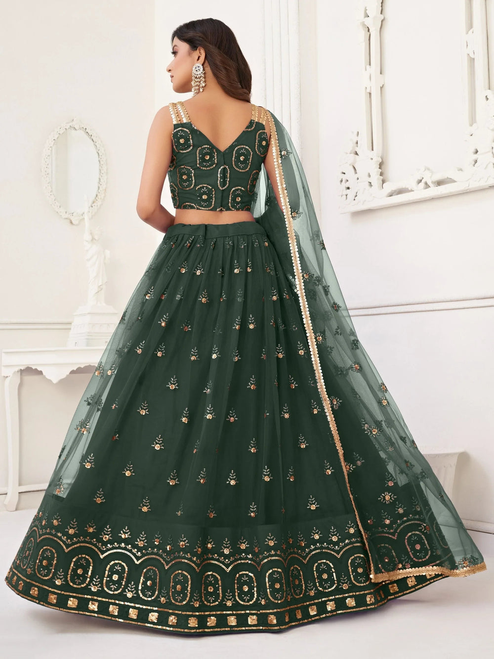 Green Gorgeous Sequins Net Mehendi Wear Lehenga Choli With Dupatta for Women