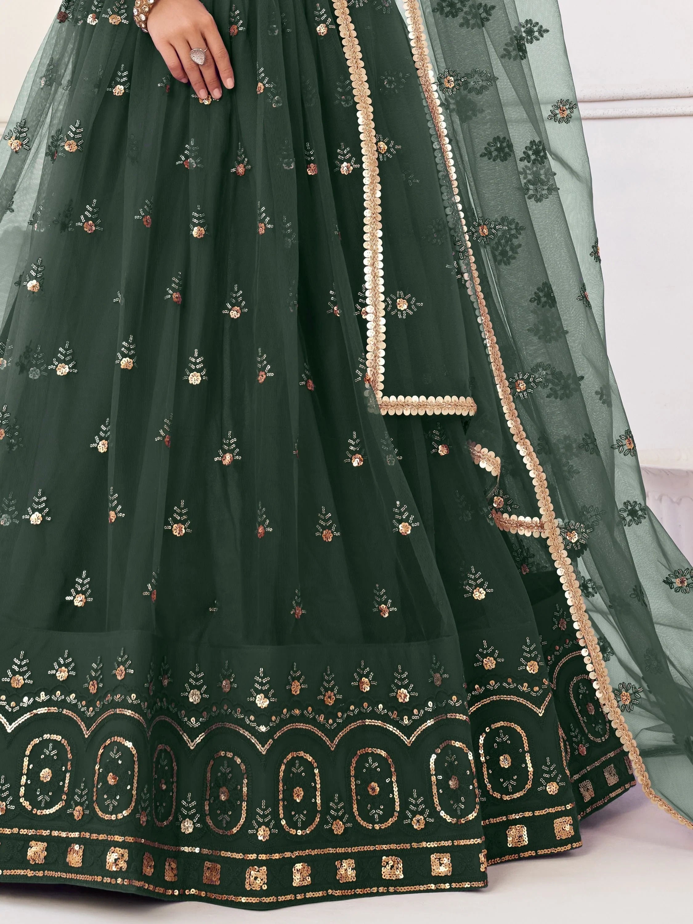 Green Gorgeous Sequins Net Mehendi Wear Lehenga Choli With Dupatta for Women