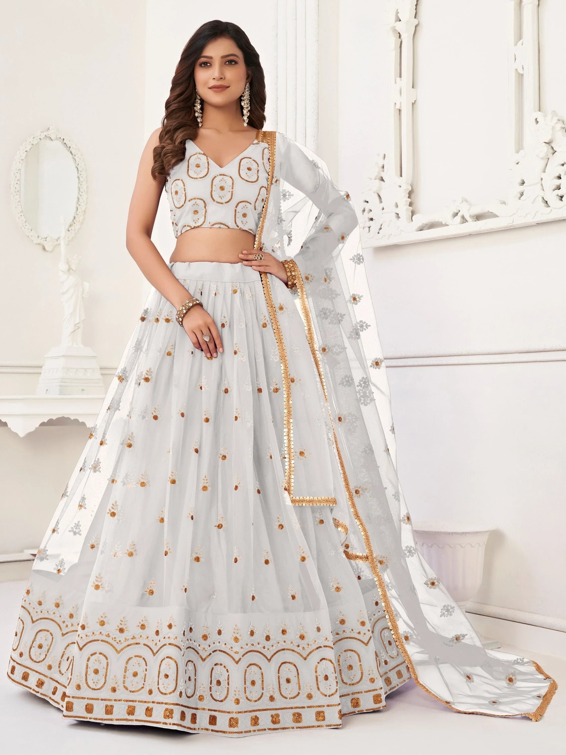 White Gorgeous Sequins Net Mehendi Wear Lehenga Choli With Dupatta for Women