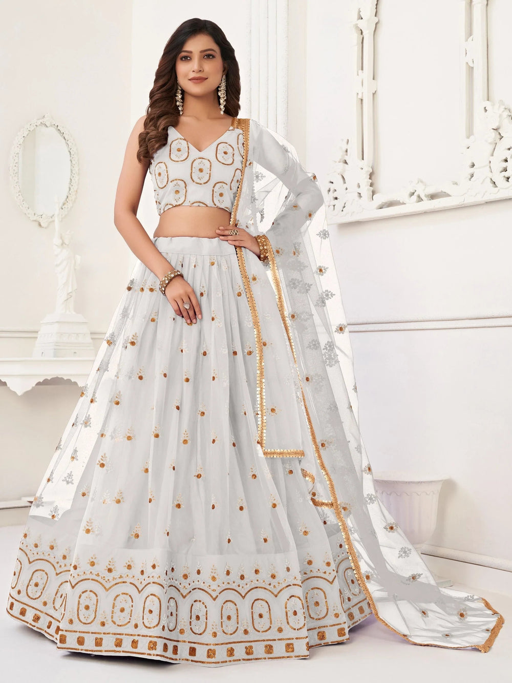 White Gorgeous Sequins Net Mehendi Wear Lehenga Choli With Dupatta for Women
