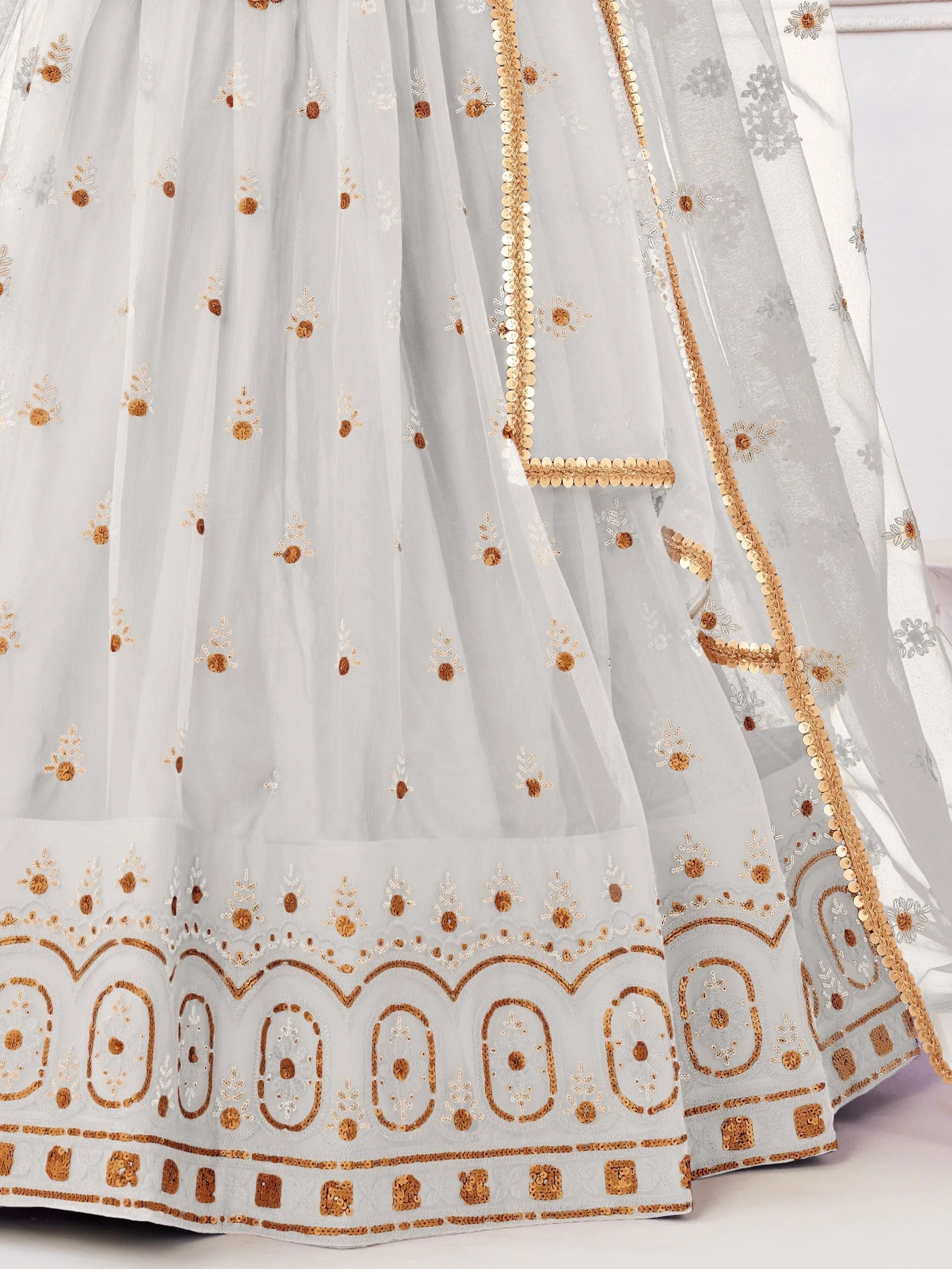 White Gorgeous Sequins Net Mehendi Wear Lehenga Choli With Dupatta for Women