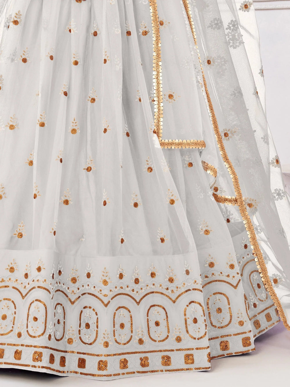 White Gorgeous Sequins Net Mehendi Wear Lehenga Choli With Dupatta for Women
