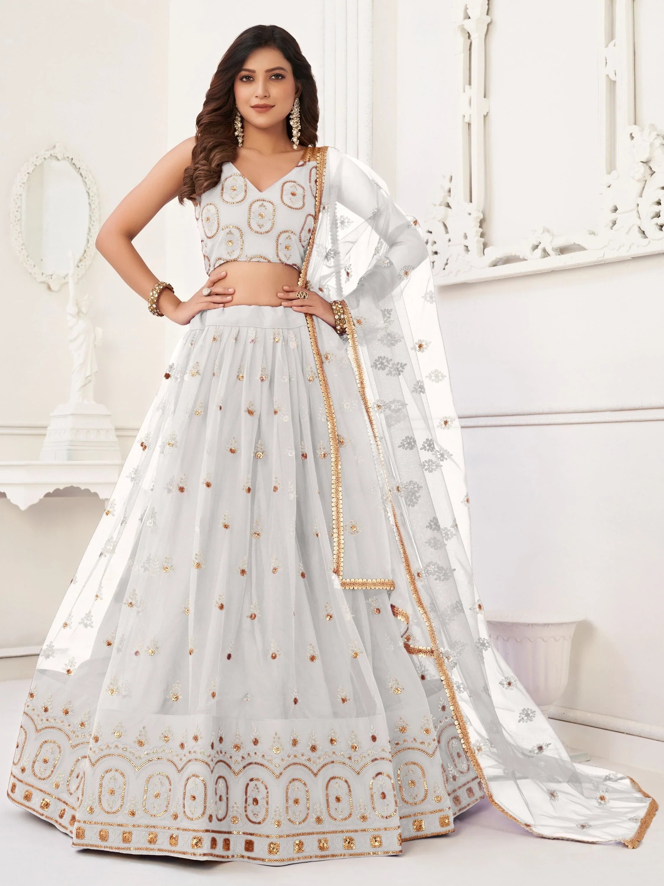 White Gorgeous Sequins Net Mehendi Wear Lehenga Choli With Dupatta for Women
