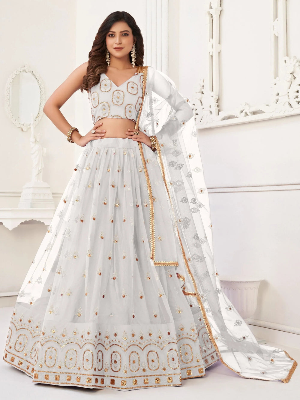 White Gorgeous Sequins Net Mehendi Wear Lehenga Choli With Dupatta for Women