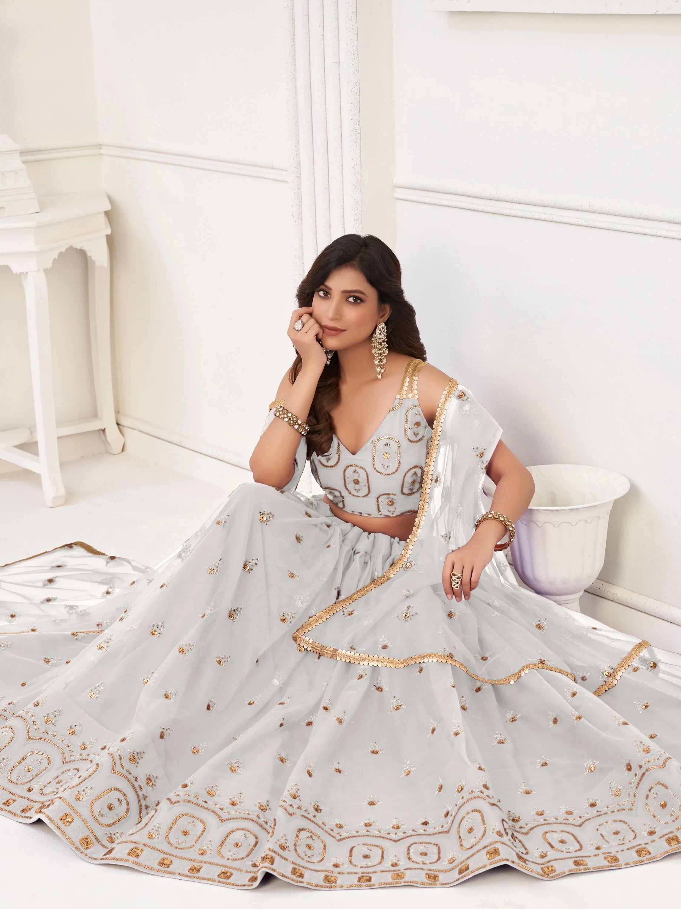 White Gorgeous Sequins Net Mehendi Wear Lehenga Choli With Dupatta for Women